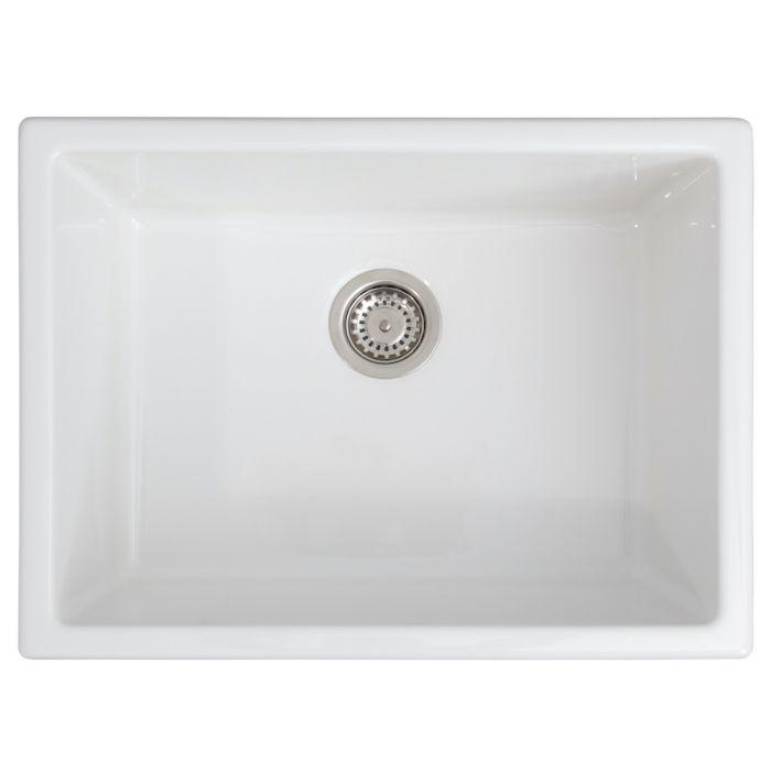 White single-bowl fireclay kitchen sink with stainless drain strainer