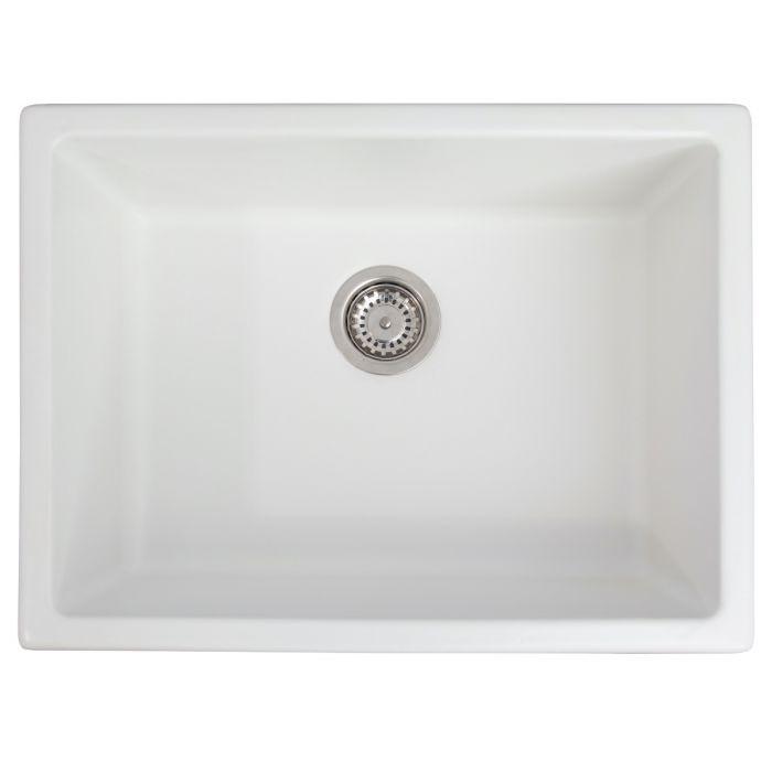 White fireclay single-bowl kitchen sink with centered drain strainer