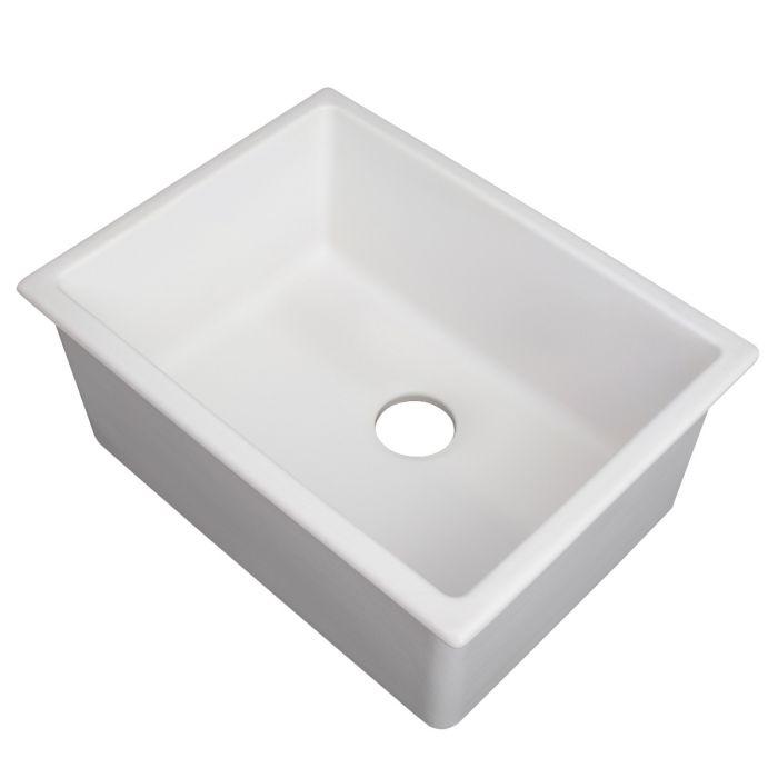 White fireclay single-bowl sink with circular drain hole and sloped basin