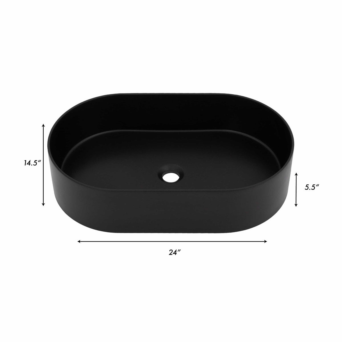 Matte black oval vessel bath sink, 24 in wide; 5.5 in deep