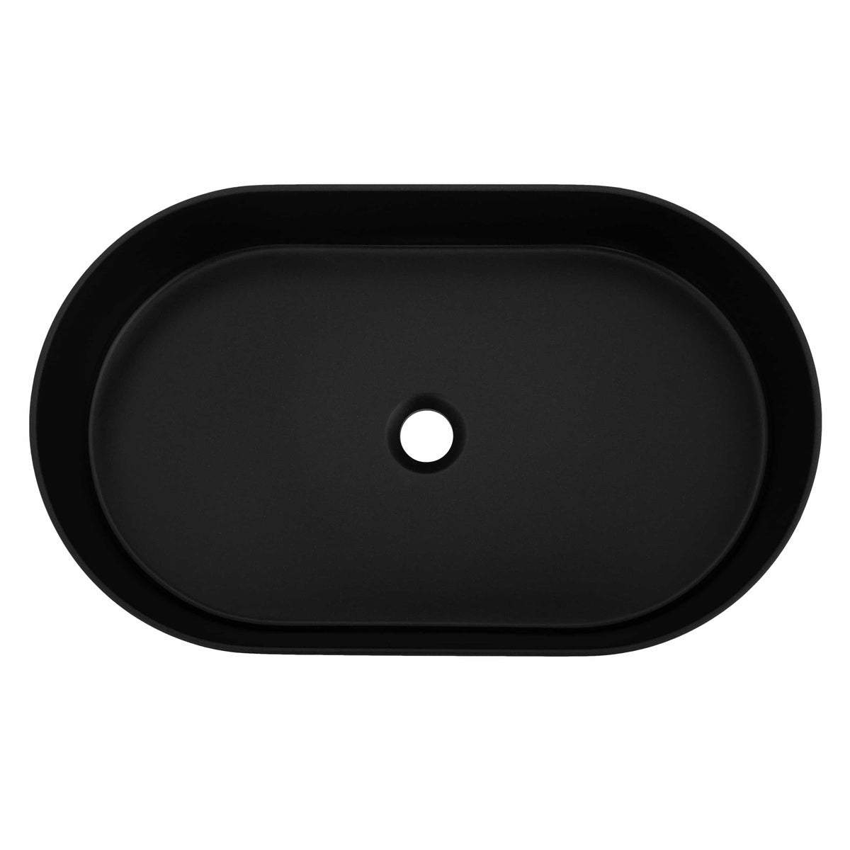 Matte black oval vessel bath sink with centered drain hole