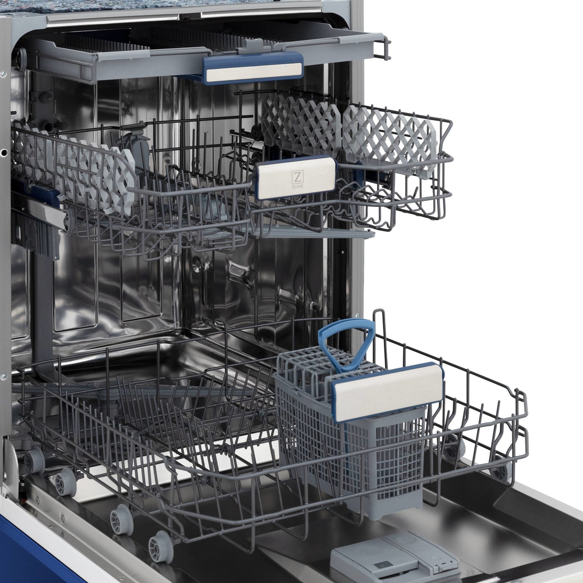 Blue matte tall dishwasher with stainless interior, silver racks and loading baskets