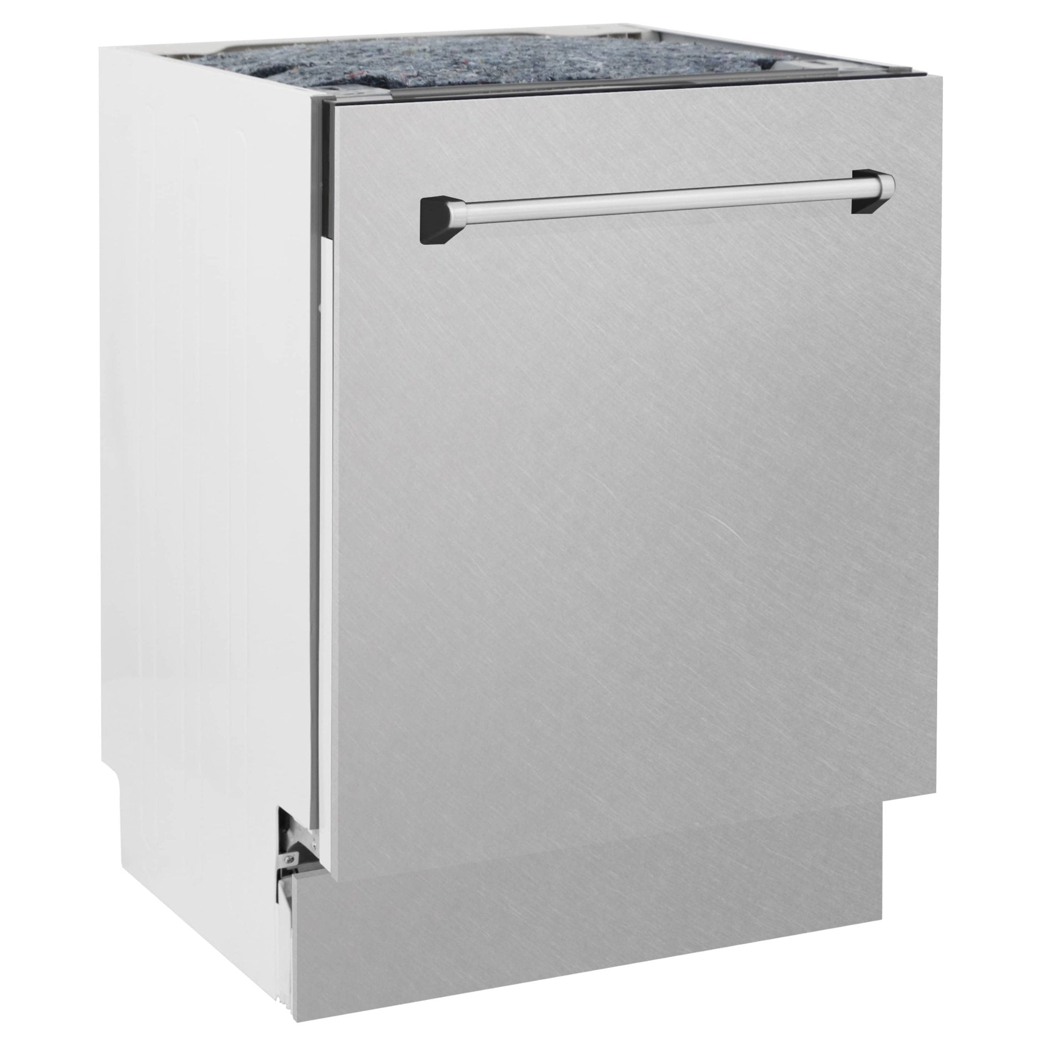 Tall tub dishwasher in satin stainless steel with top handle and door panel