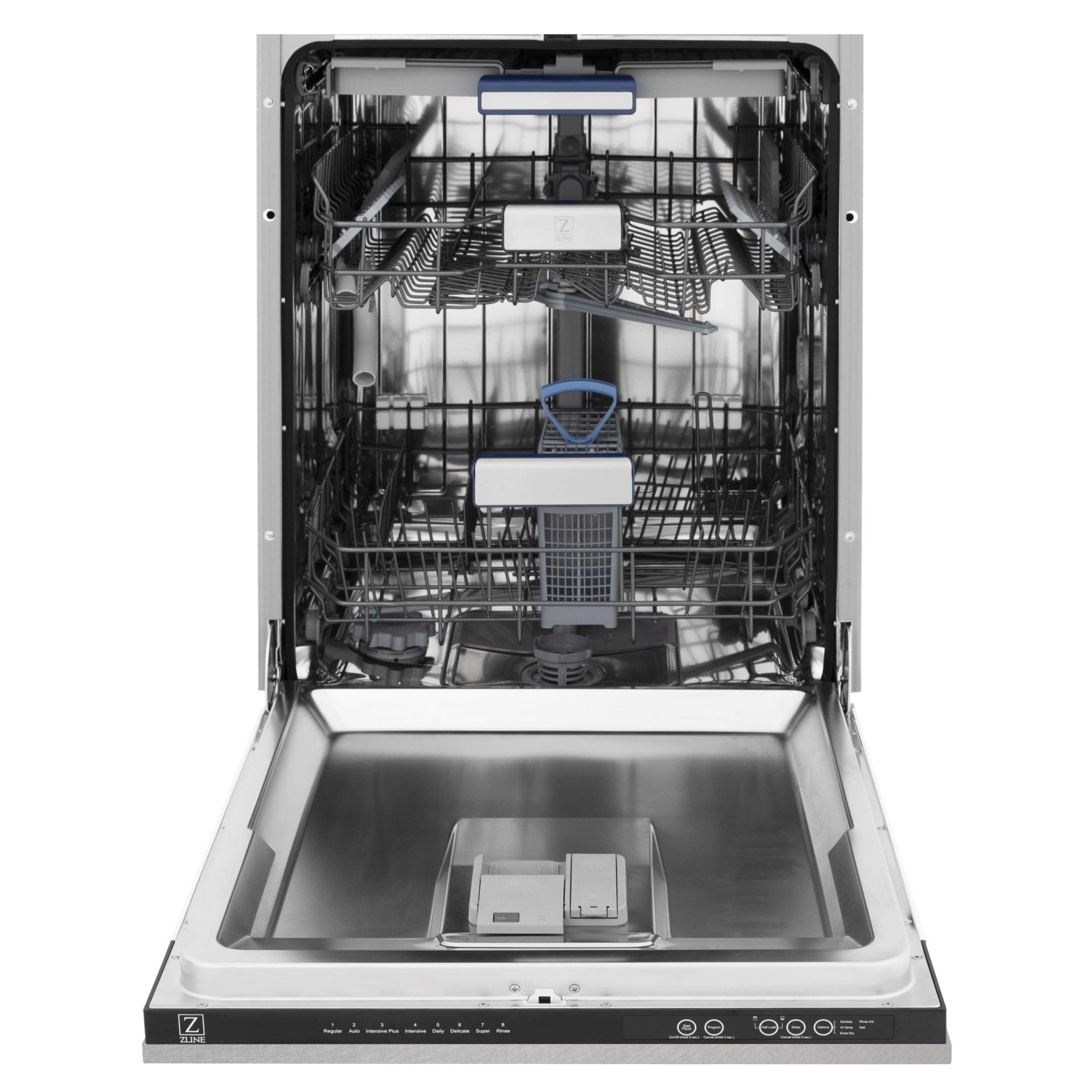 Tall tub dishwasher interior view with top and bottom racks visible