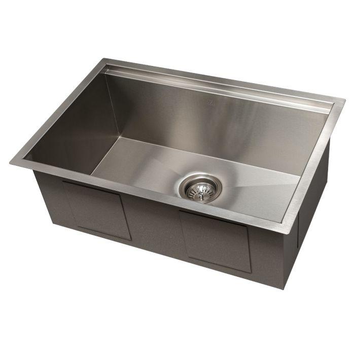 Stainless steel undermount single-bowl kitchen sink with centered drain and sloped basin