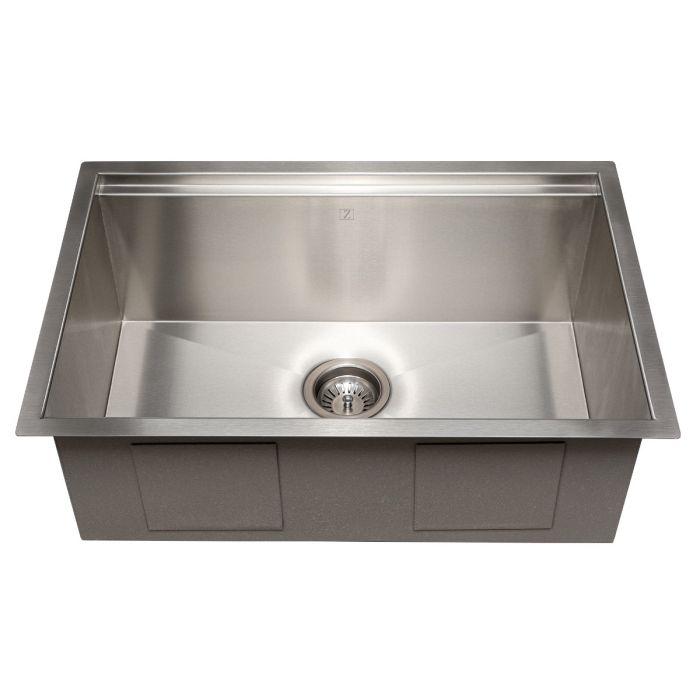 Stainless steel undermount single-bowl kitchen sink with circular drain and side panels