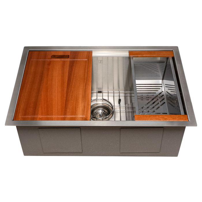 Stainless steel undermount kitchen sink with bottom grid and wood cutting board cover