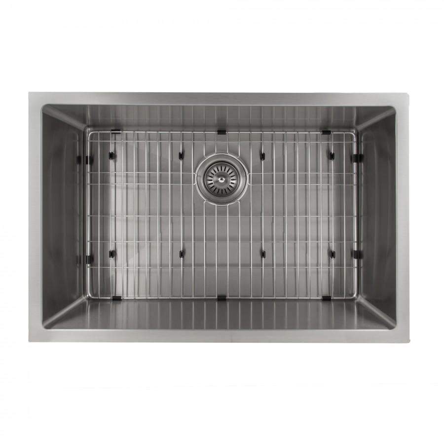 Stainless steel single-bowl kitchen sink with bottom grid and centered drain opening