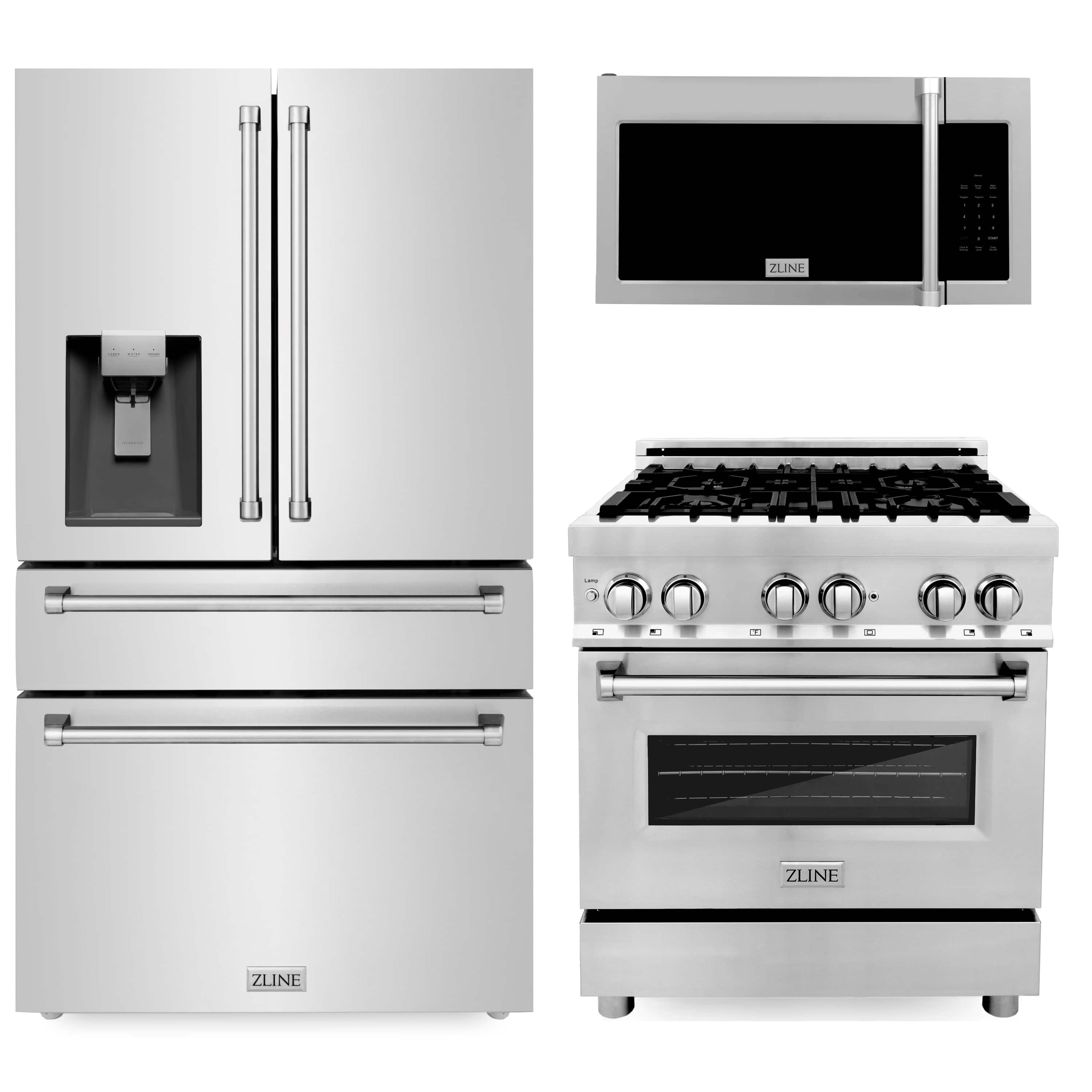 Stainless steel refrigerator and ZLINE dual fuel range with microwave over the cooktop