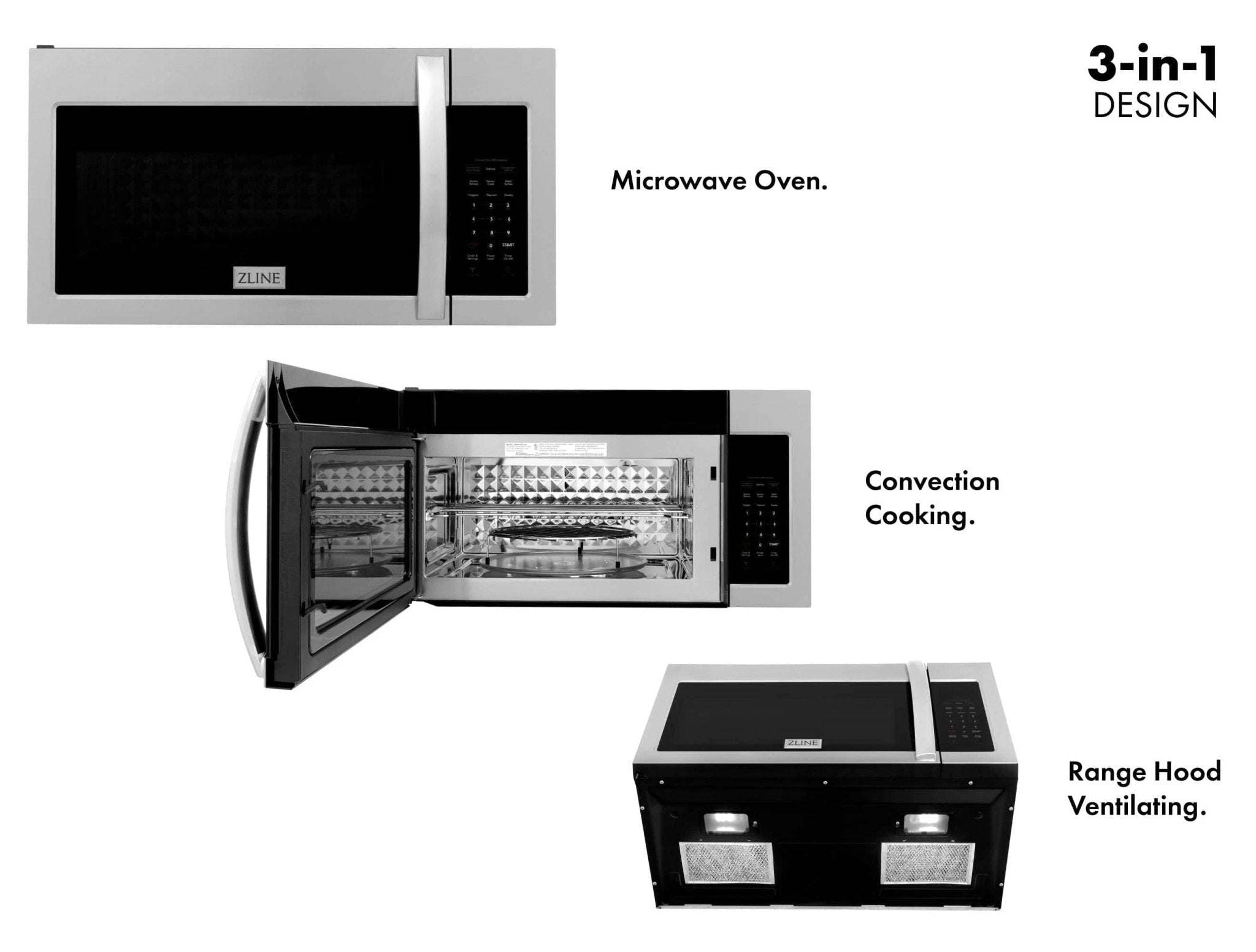 ZLINE 3-piece appliance package with microwave oven, convection oven, and vented range hood