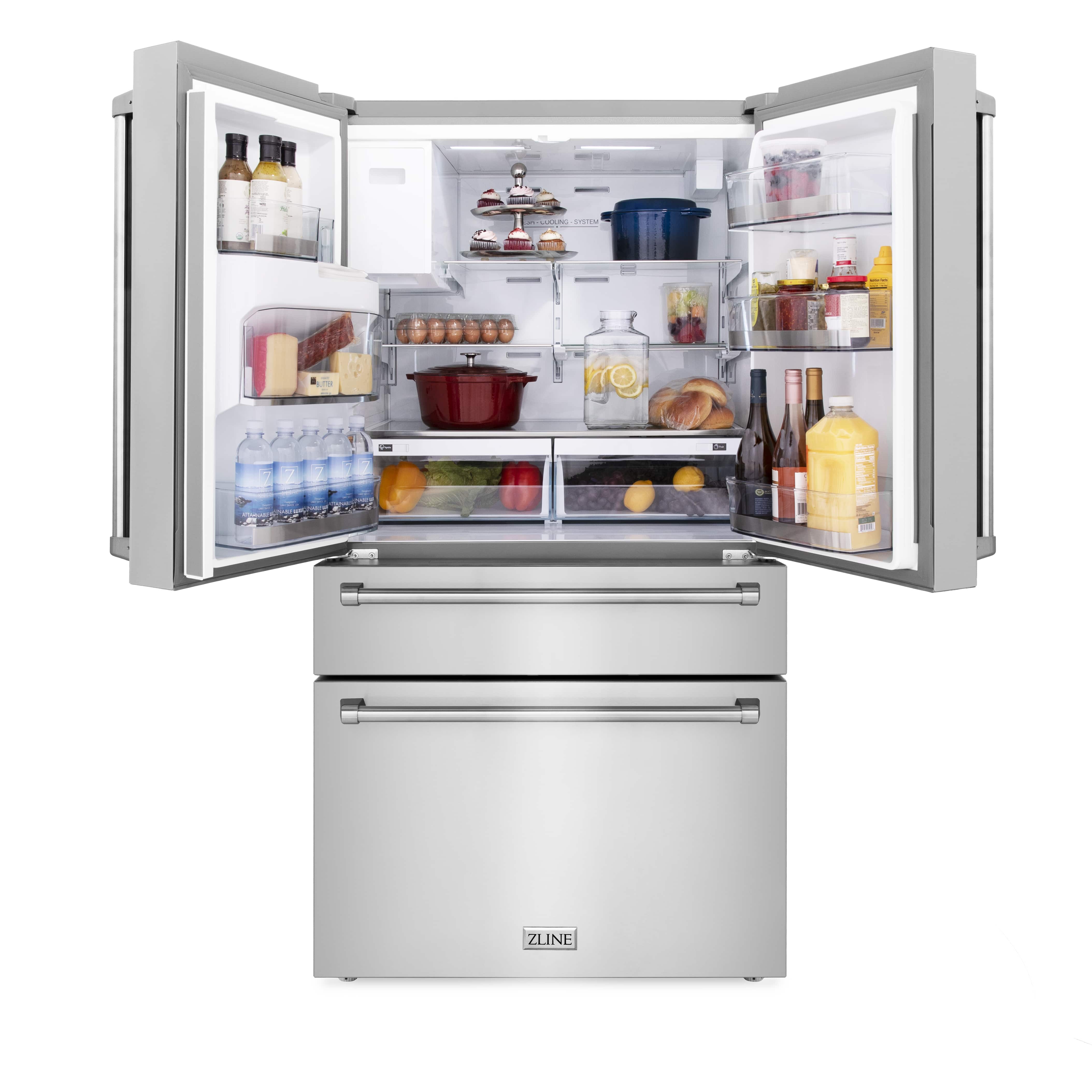 Stainless steel refrigerator with open door showing shelves, drawers, and interior bins