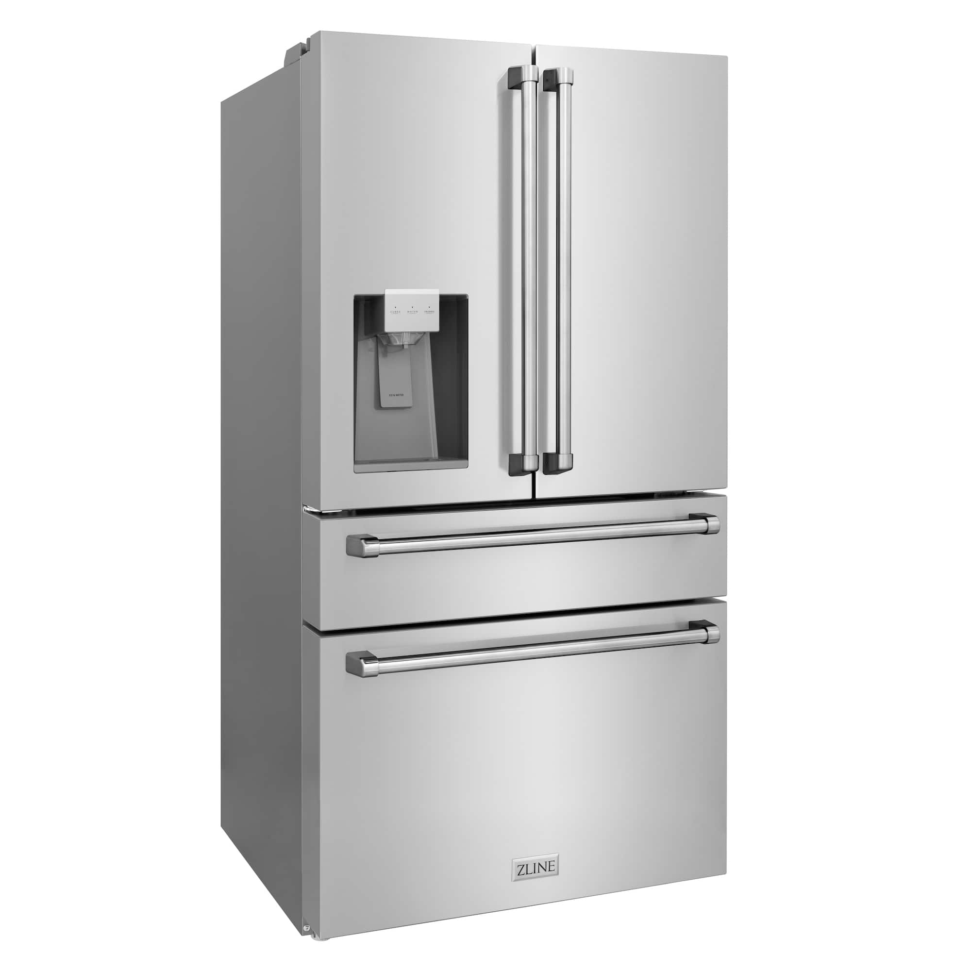 Stainless steel refrigerator with water and ice dispenser, double doors, and bottom freezer