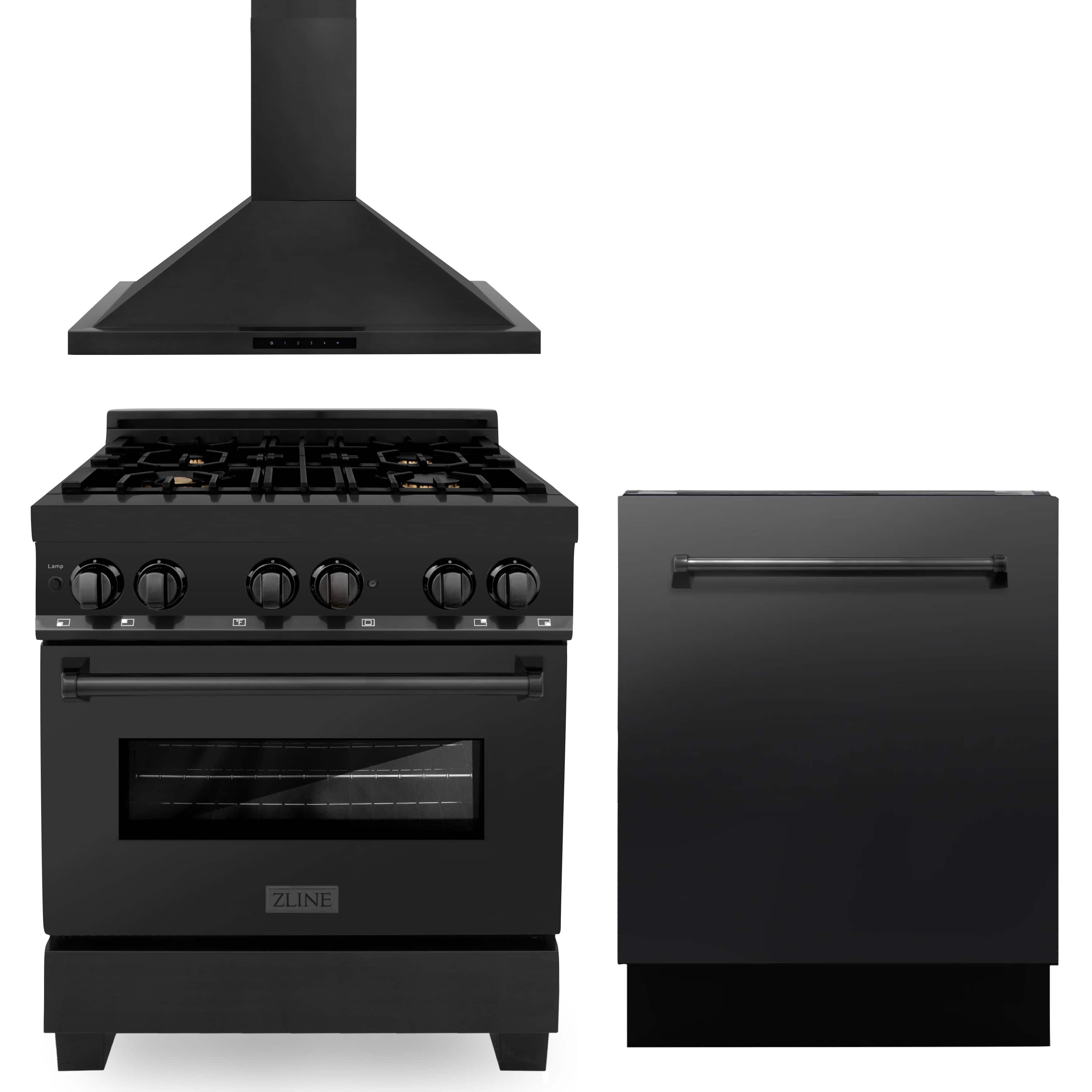 Black dual fuel range with five burners and matching hood, plus compact dishwasher