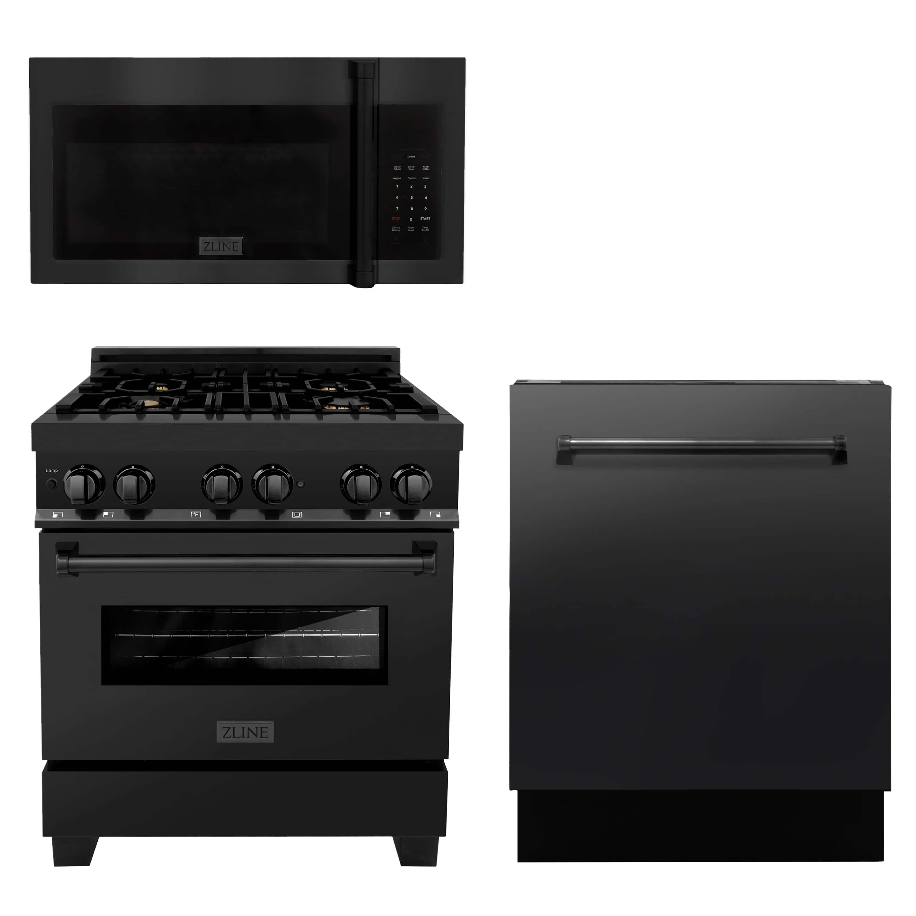 Black dual fuel range with oven door, cooktop knobs, and matching dishwasher