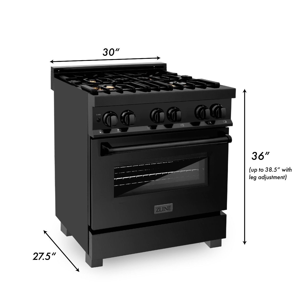 Black dual-fuel range front view with oven door and cooktop knobs, showing dimensions