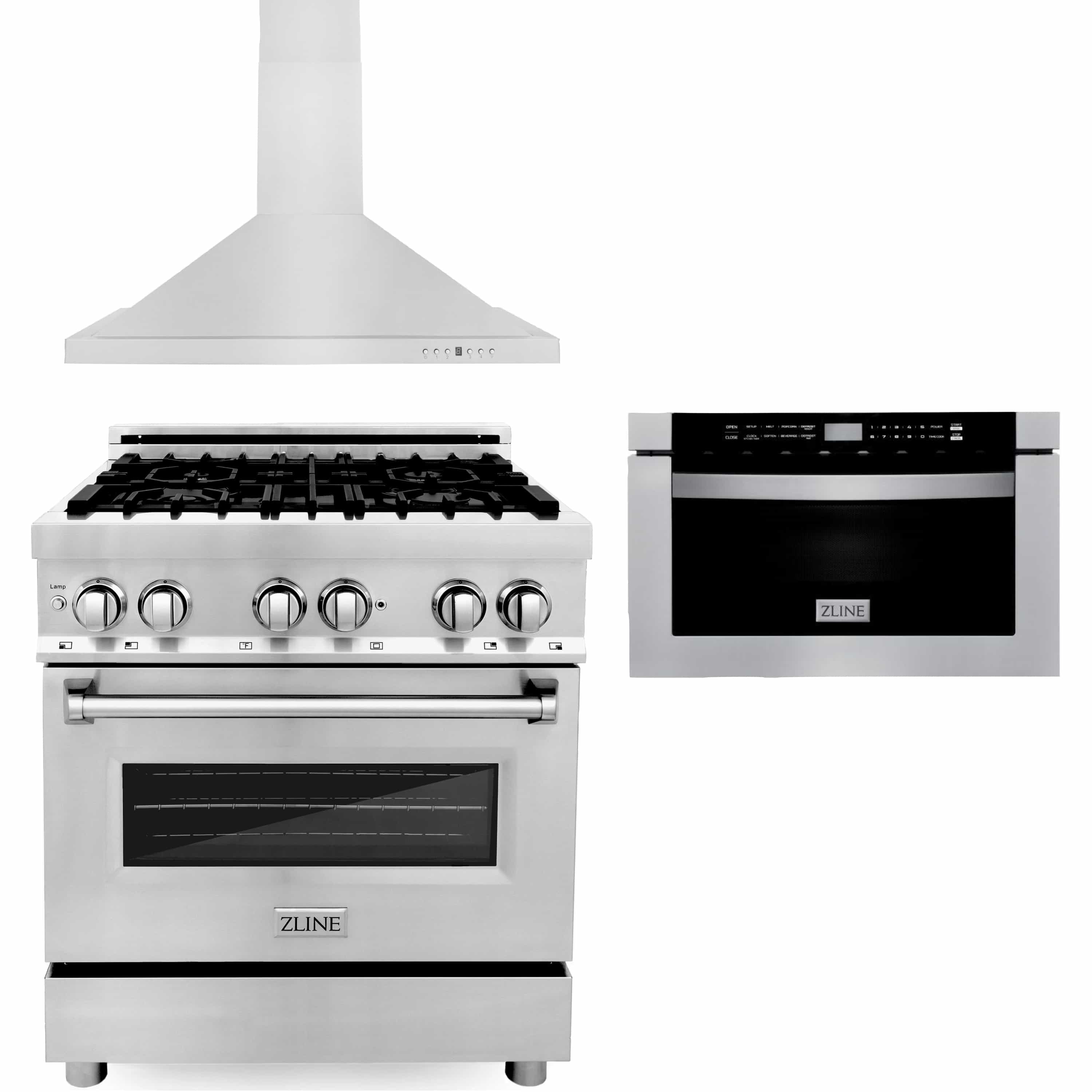 Stainless steel dual fuel range with microwave drawer and wall hood