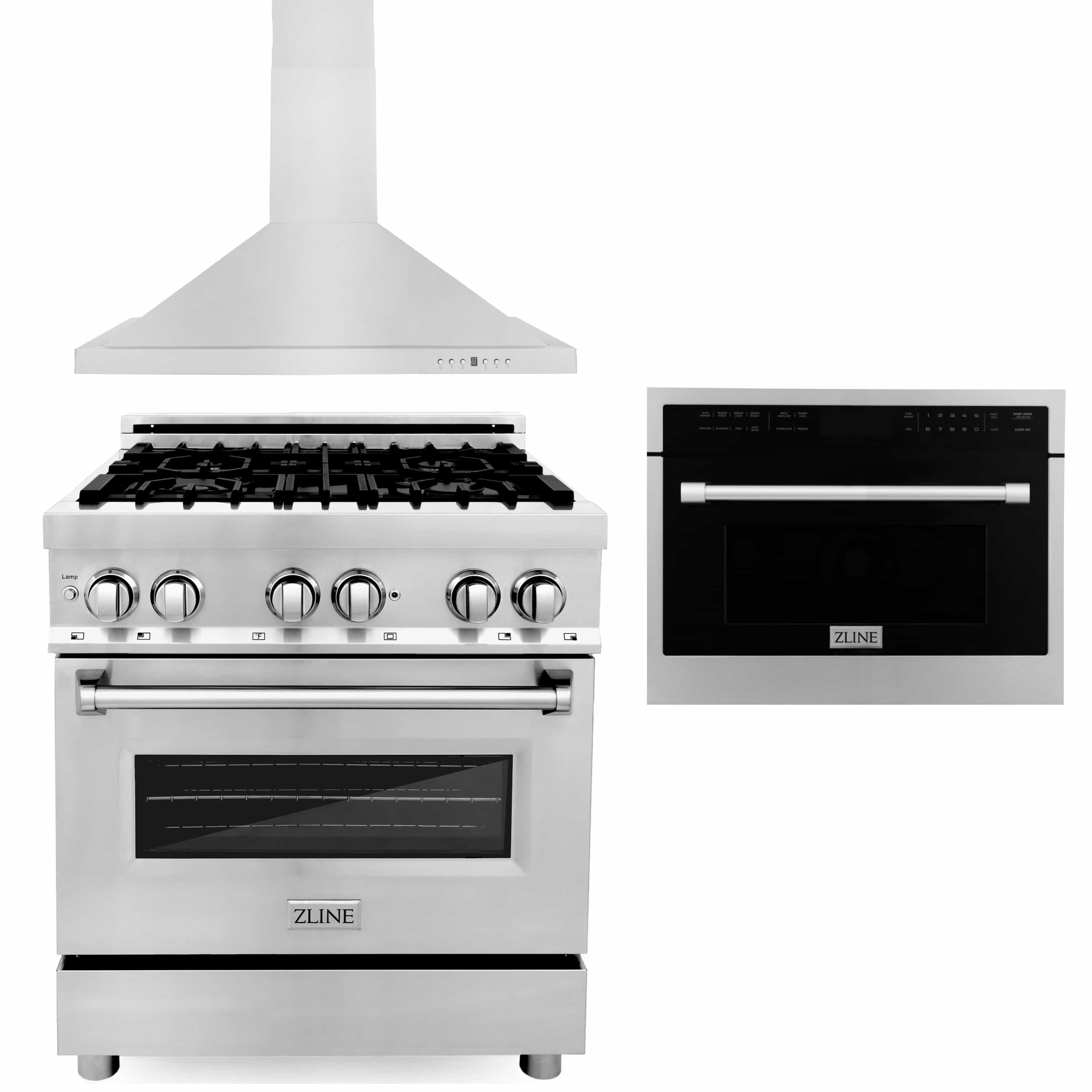 Stainless steel dual fuel range with burner knobs and matching range hood