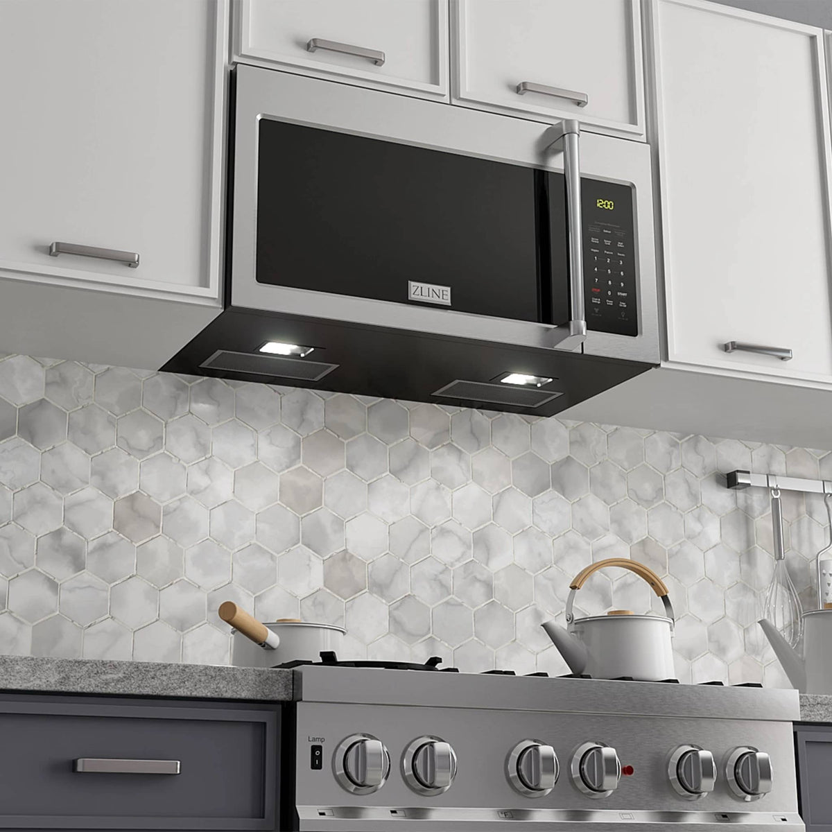 Over-the-range microwave mounted under cabinets with black control panel