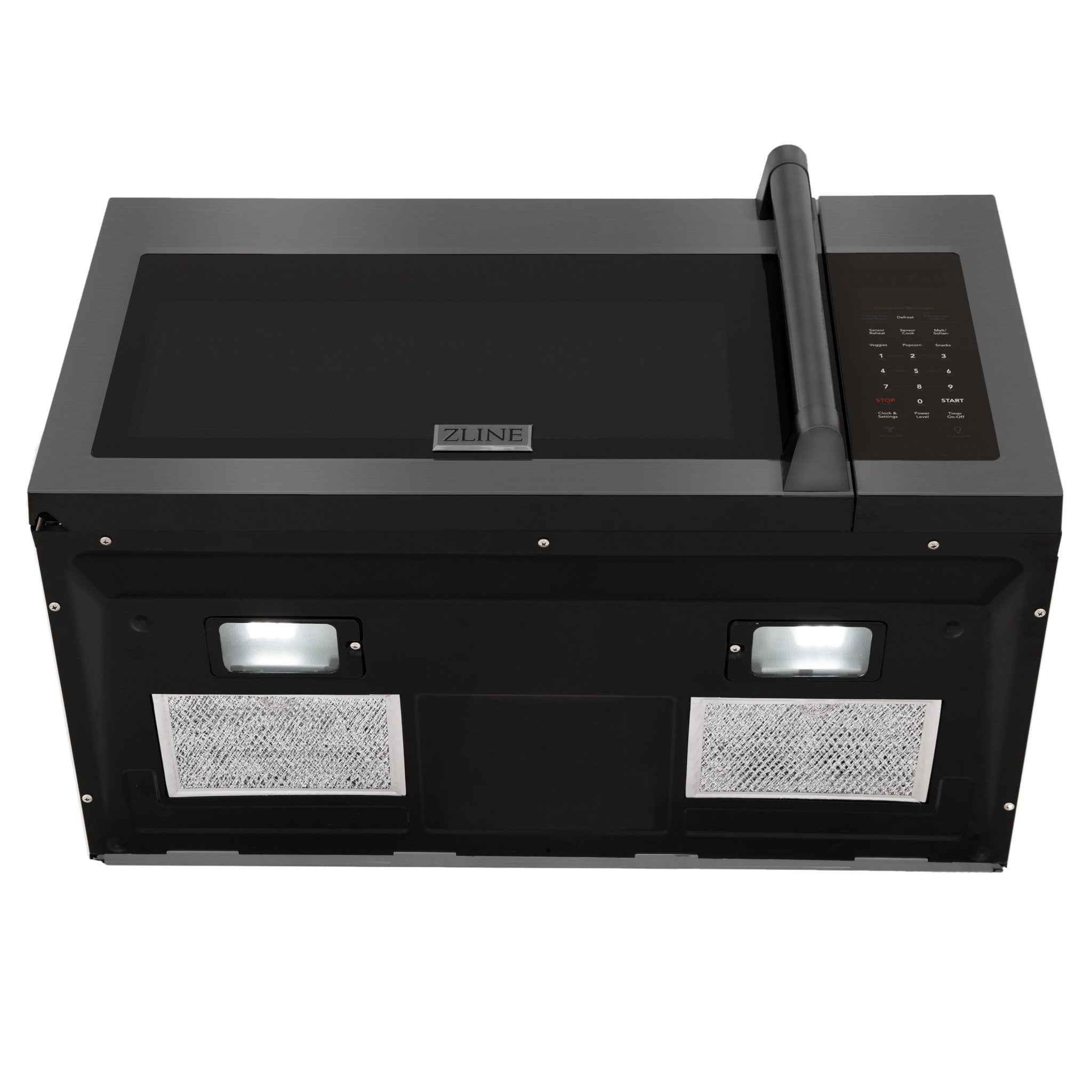 ZLINE range hood with front vents, control panel, and two illuminated lights