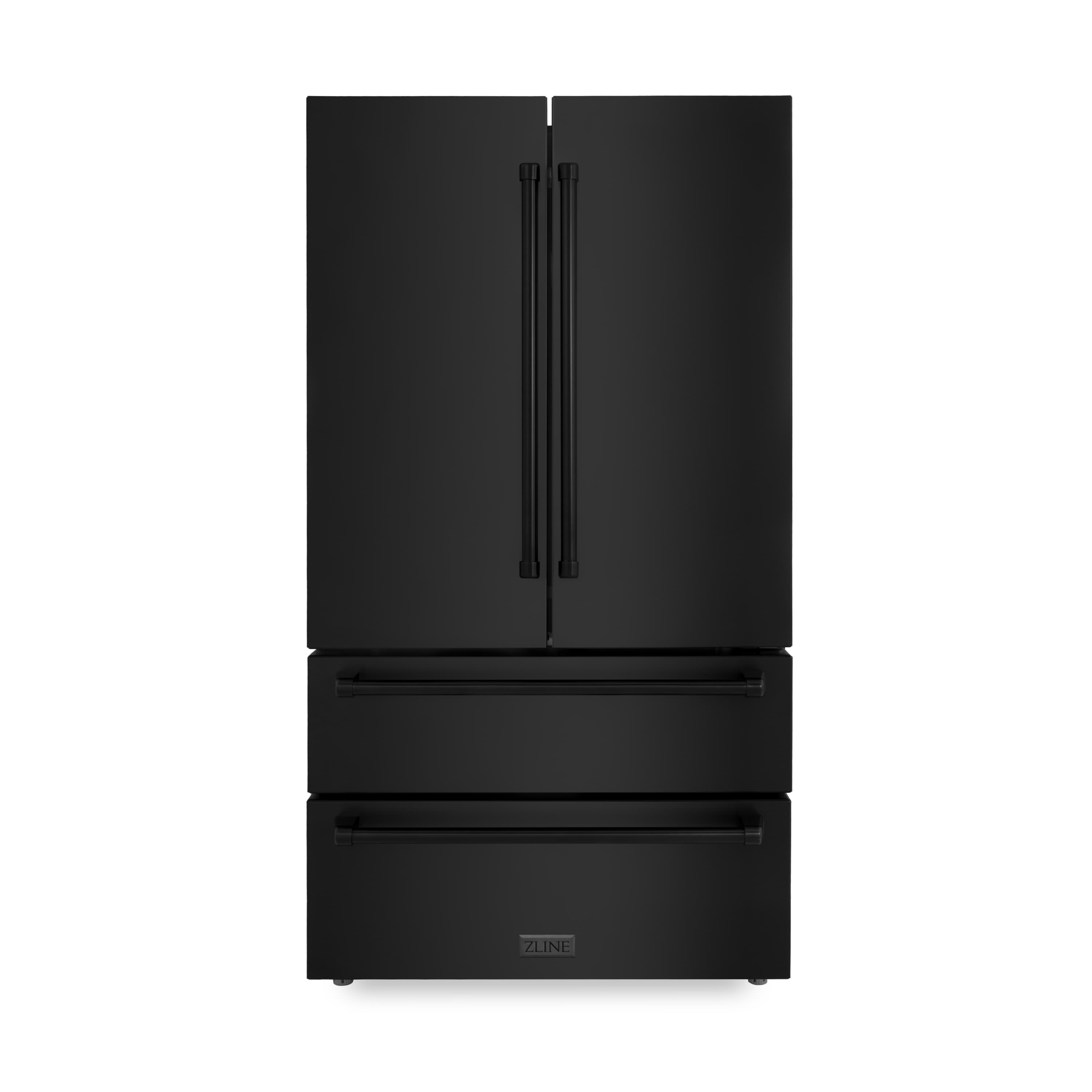 ZLINE refrigerator with dual doors and bottom freezer drawer, black finish