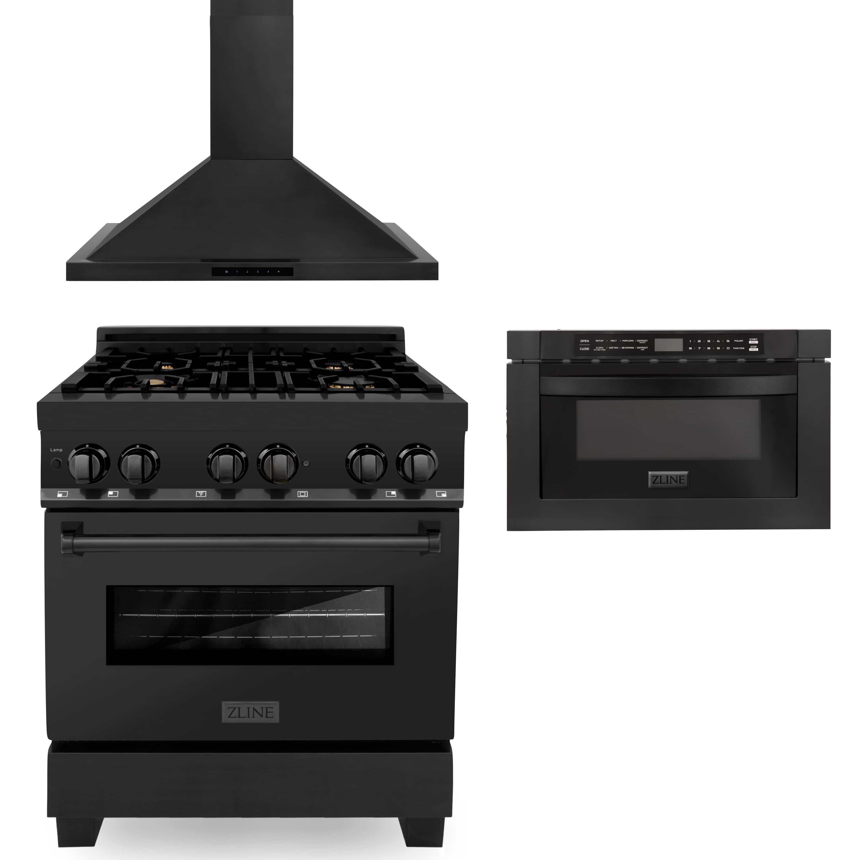 Black range with oven door, stainless wall hood, and microwave drawer appliance set