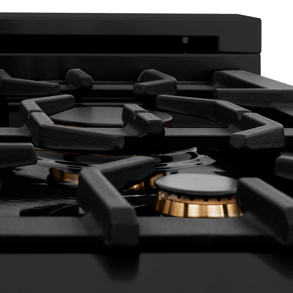 Black cooktop gas burner with brass base ring and black grates