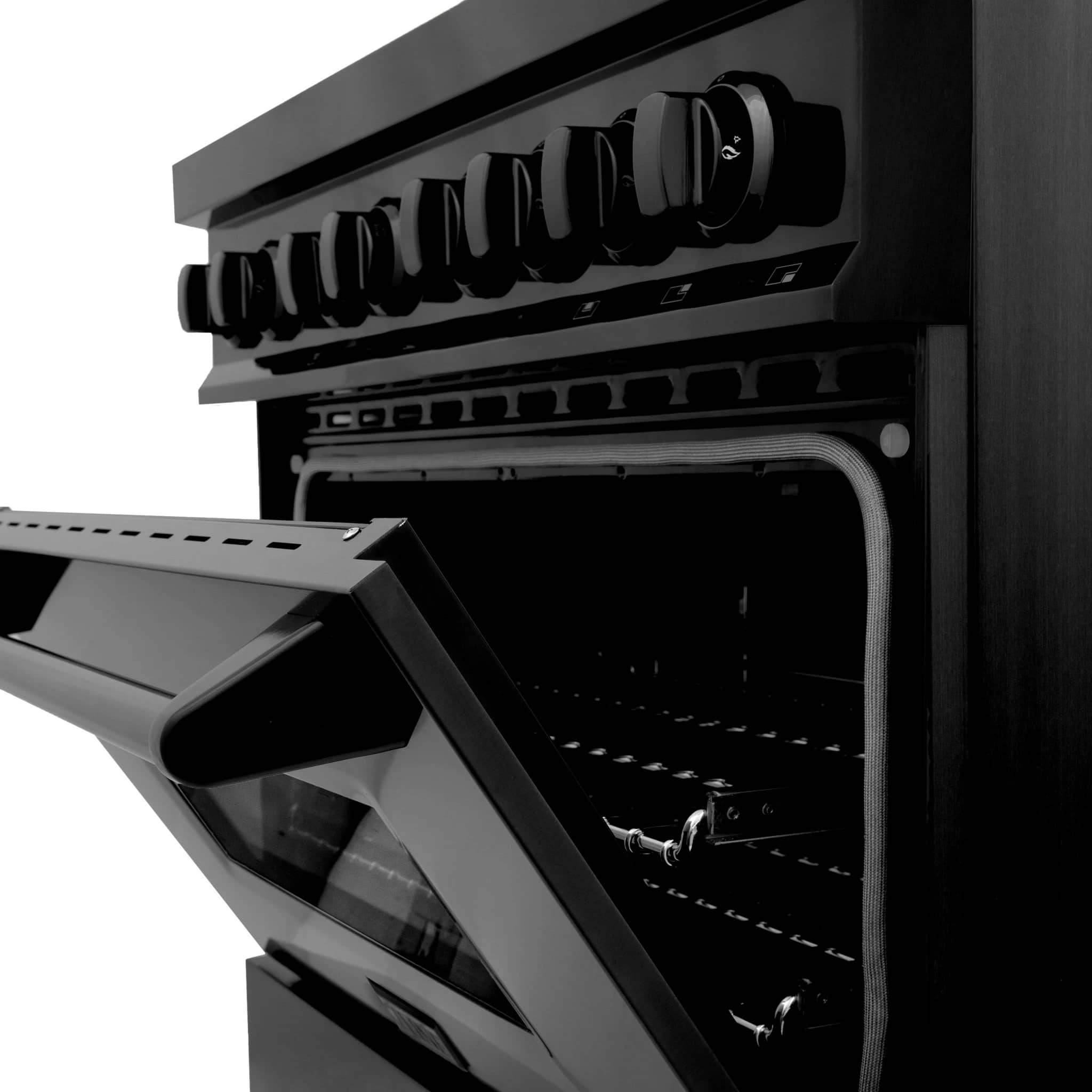 Black range oven with open door and interior rack