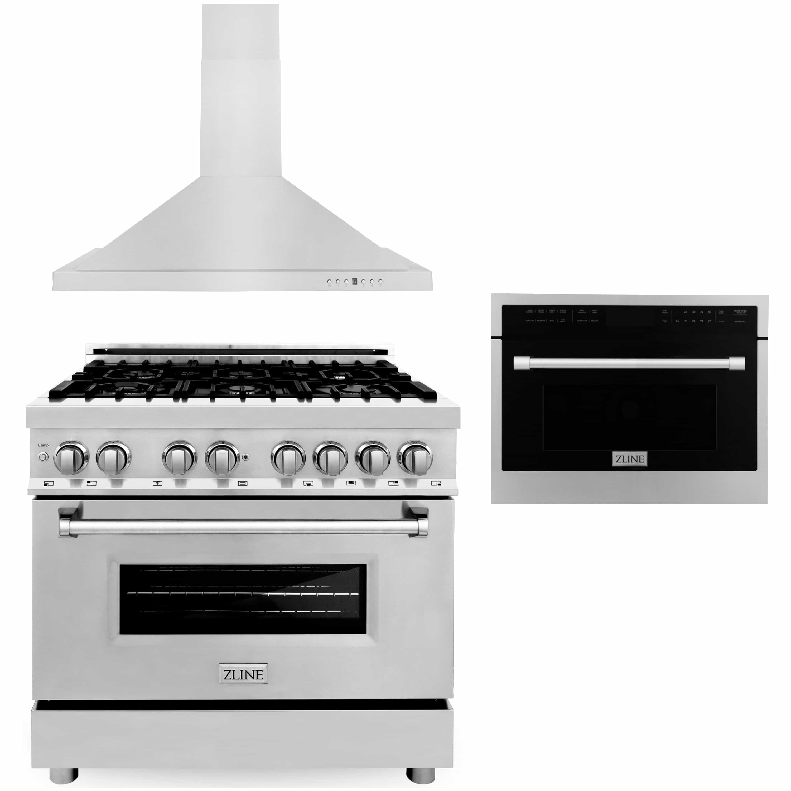 Stainless steel kitchen appliance set with gas cooktop, range hood, and microwave