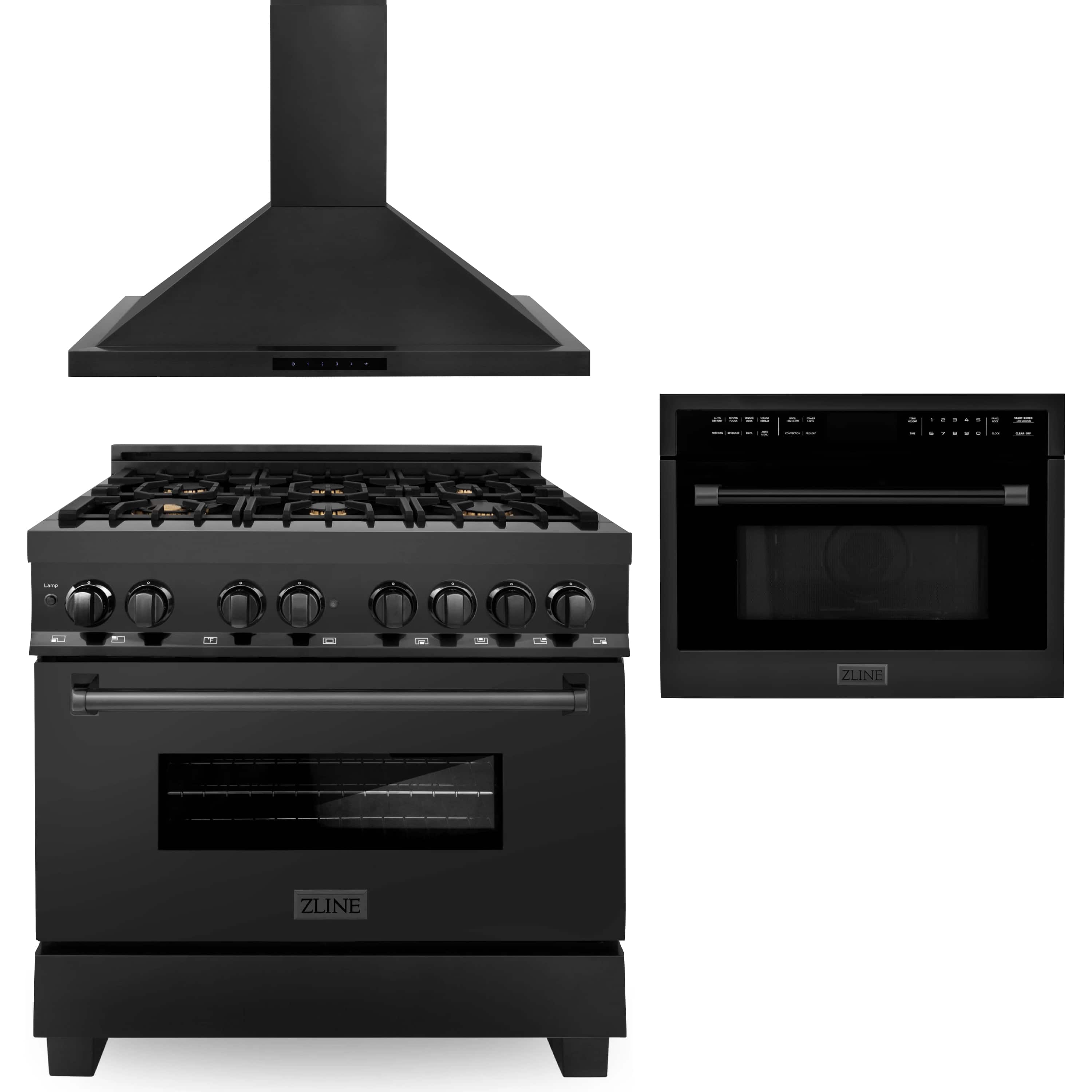 Black dual-fuel range with tall chimney-style hood and built-in oven door