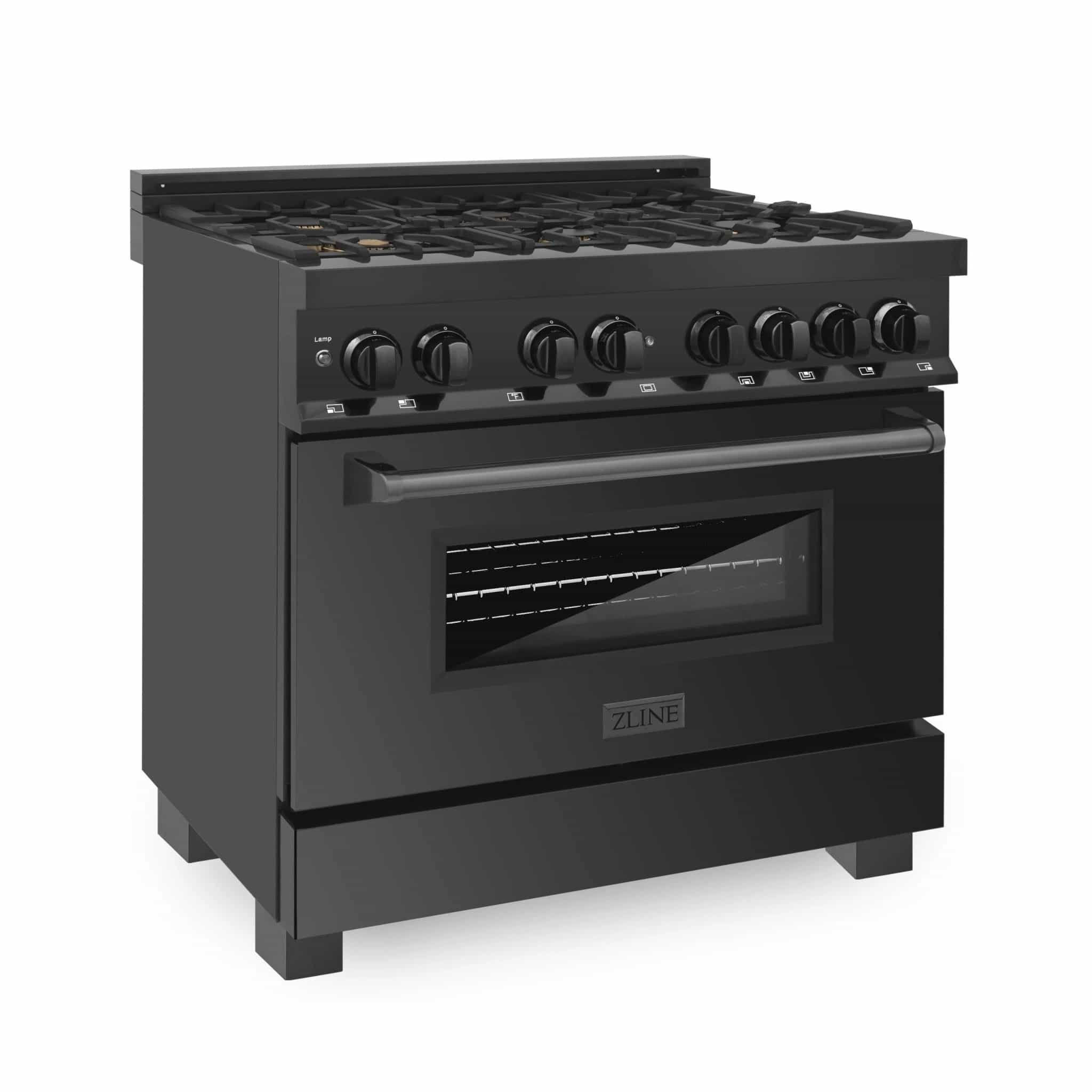 Black dual fuel slide-in range with grates, knobs, and oven door window