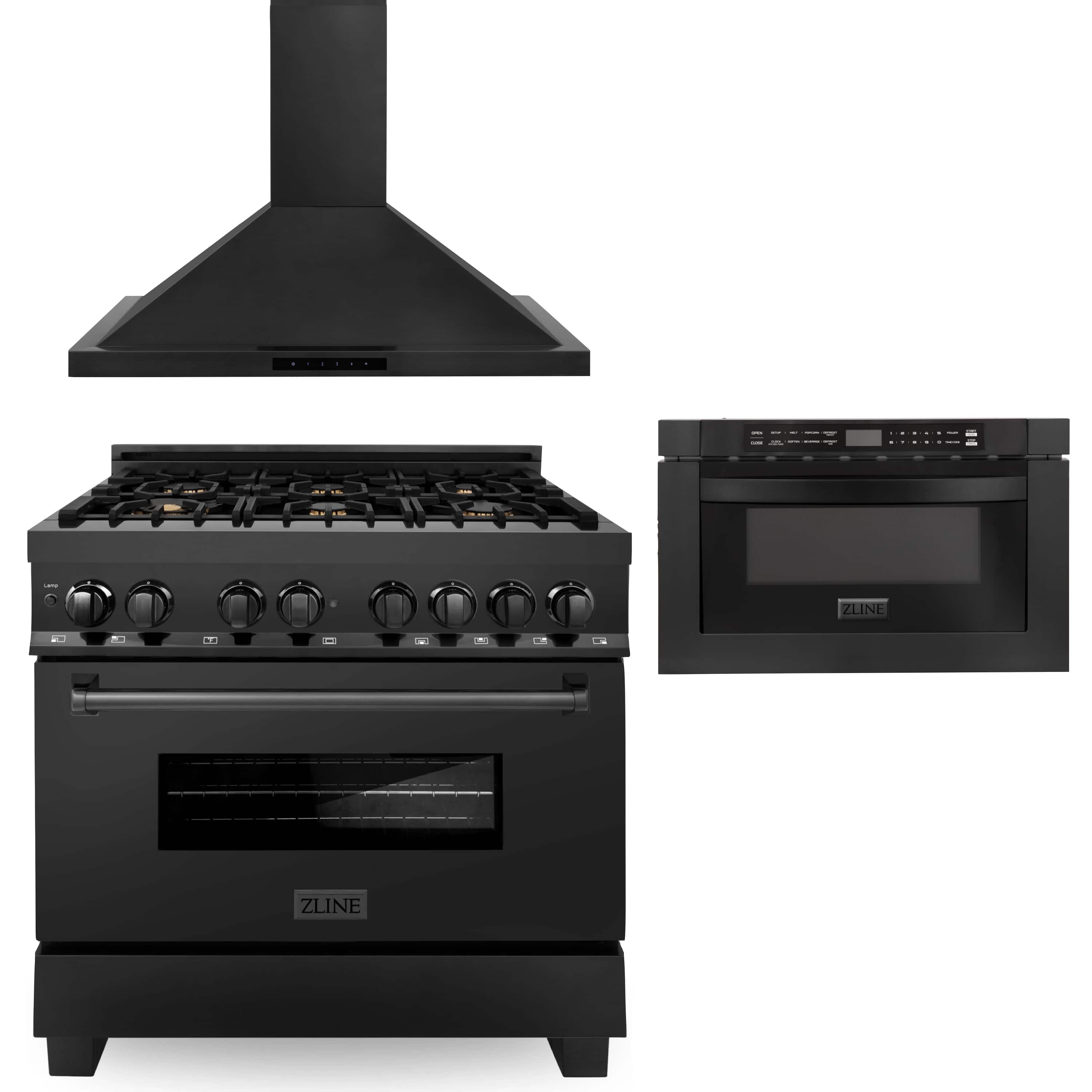 Black dual fuel range with oven door and matching chimney range hood