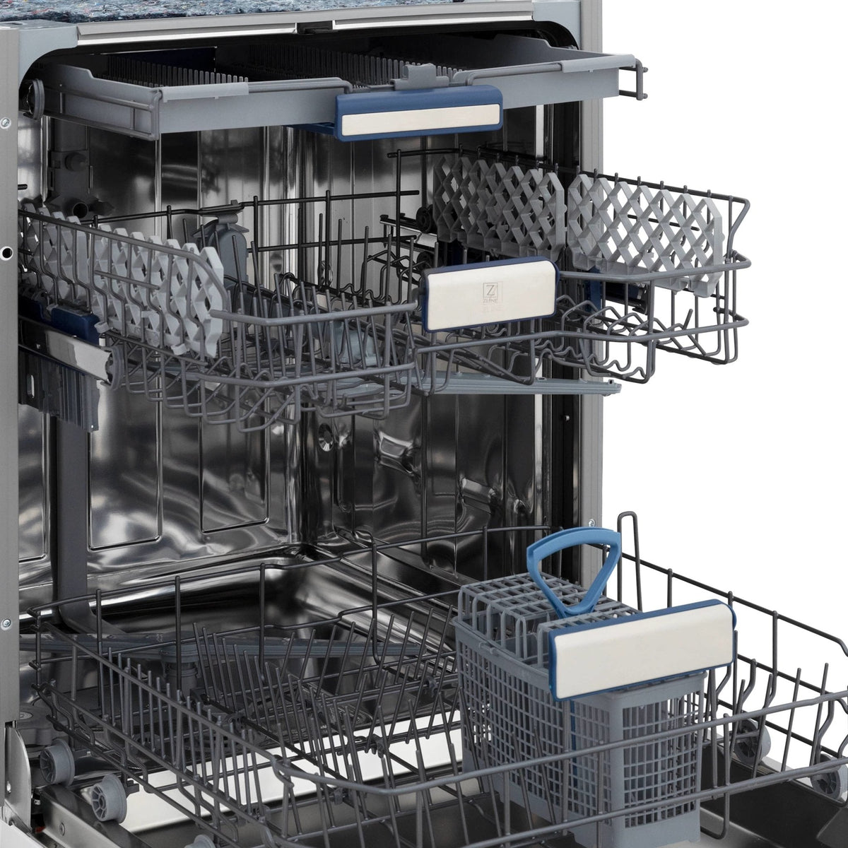 Stainless steel dishwasher interior with racks and blue-tipped dish baskets