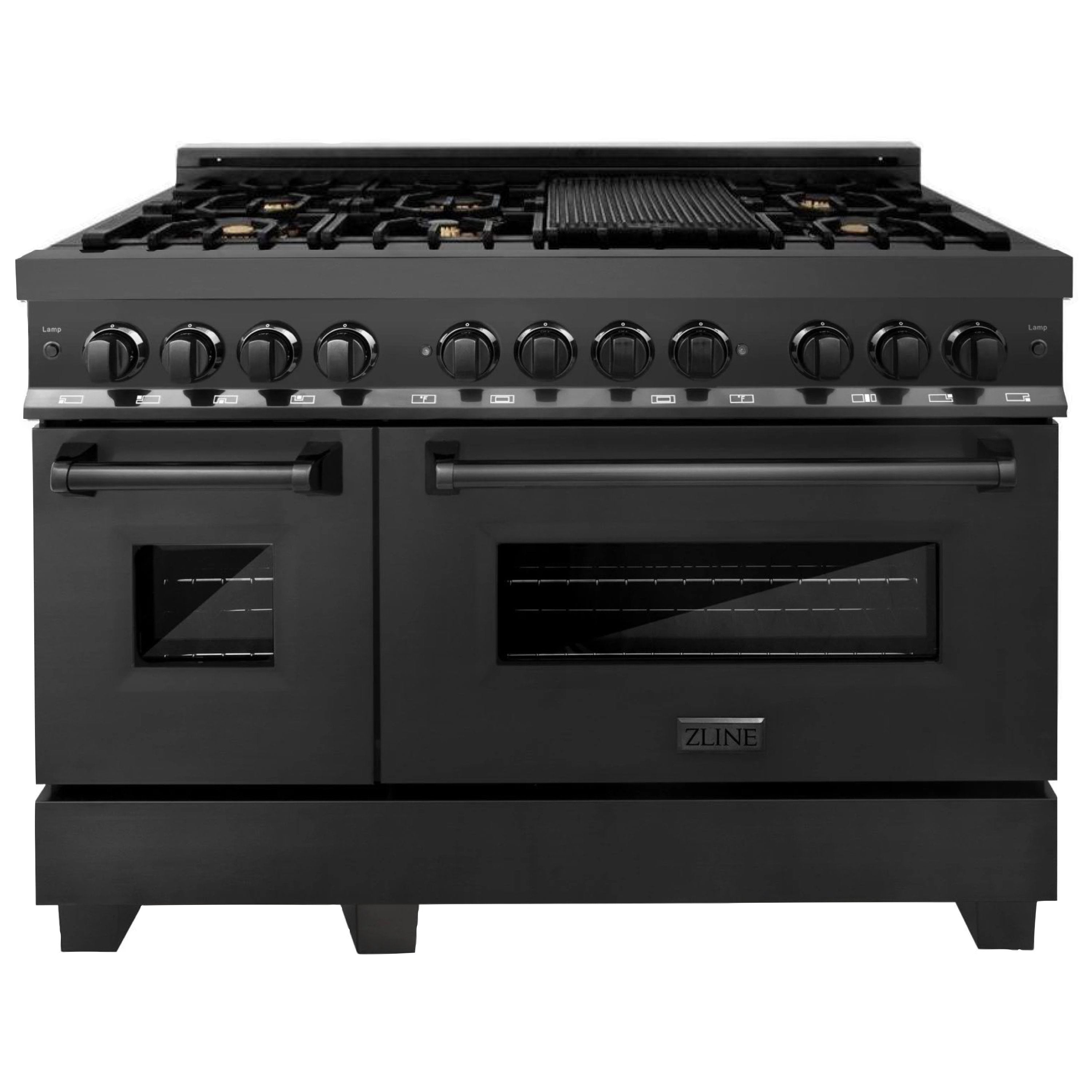 Black dual fuel range front view with knobs and oven doors