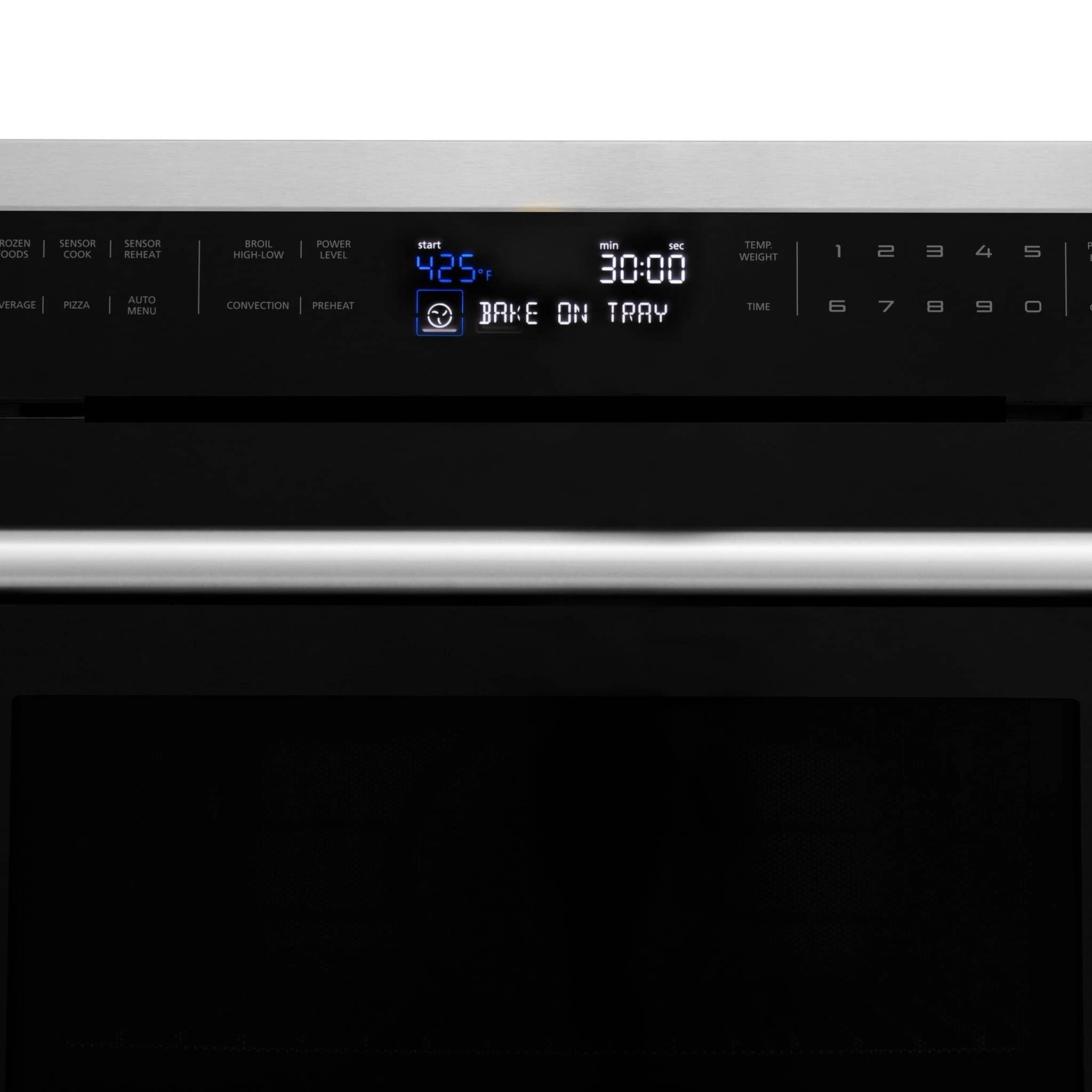 Black oven control panel with digital display and touch buttons