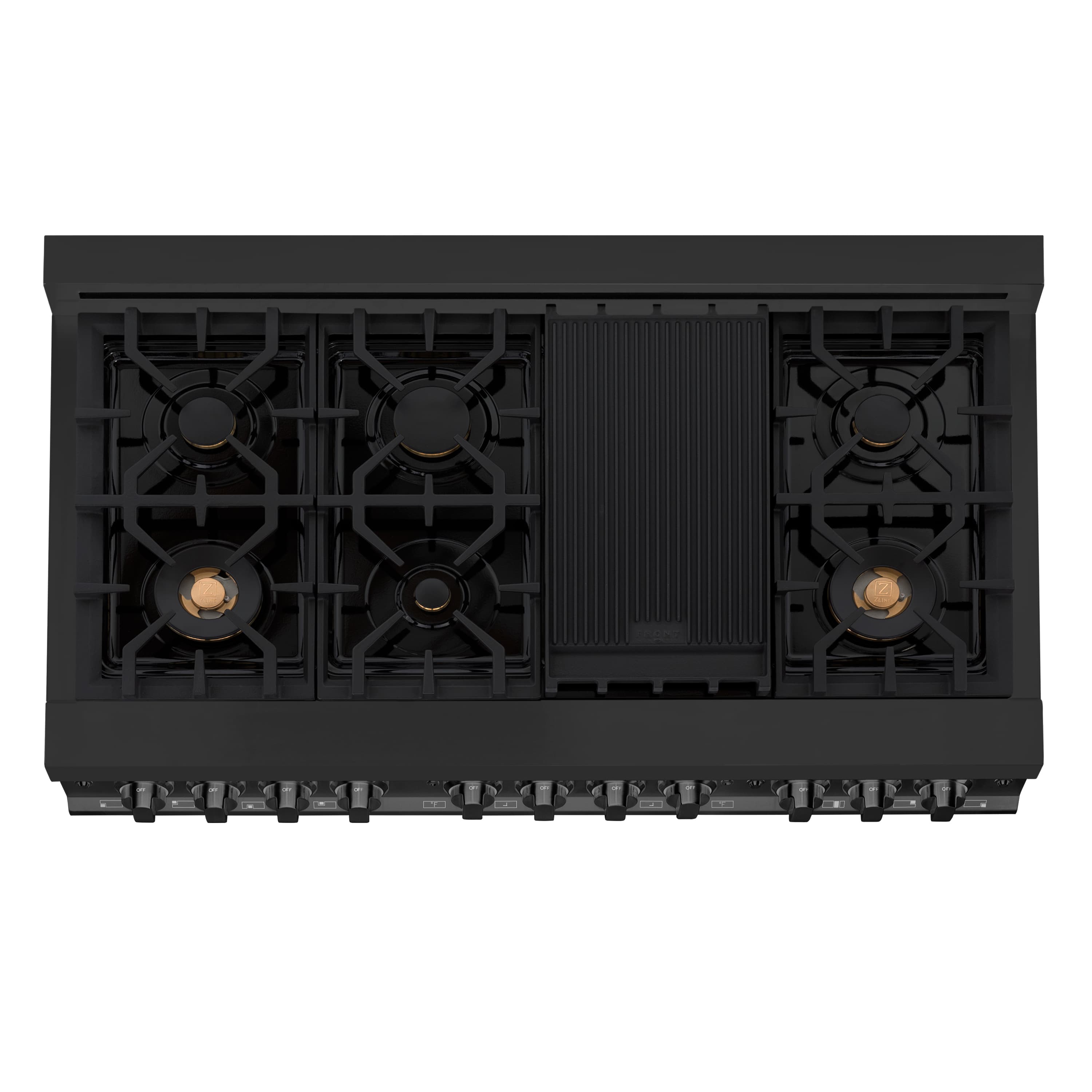 Black gas cooktop with three burners and cast-iron style grates