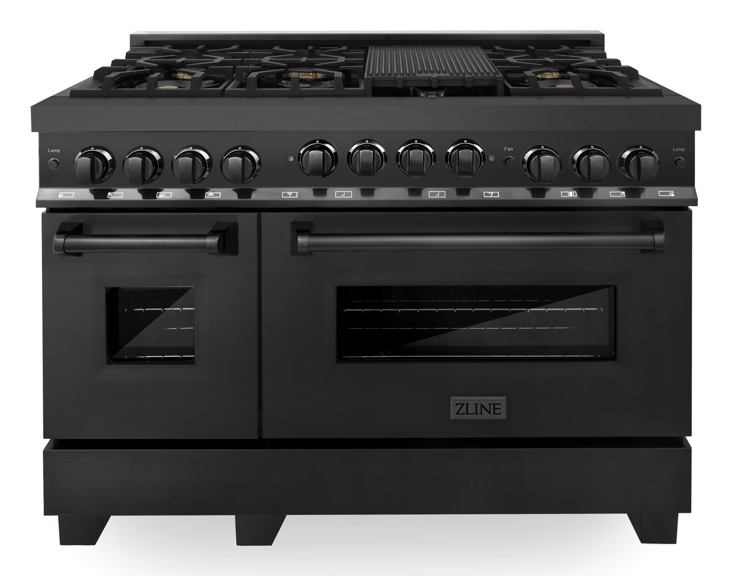 Black 48-inch gas range with front knobs, cooktop burners, and two oven doors