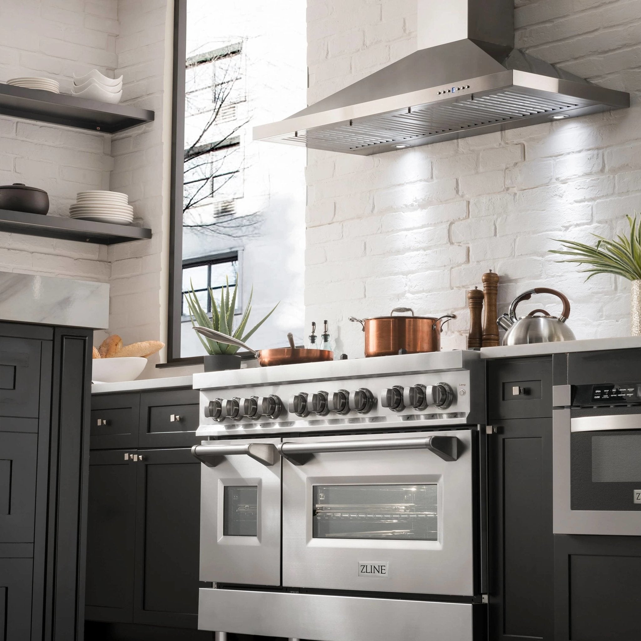 Stainless dual fuel range with oven door and integrated vent hood