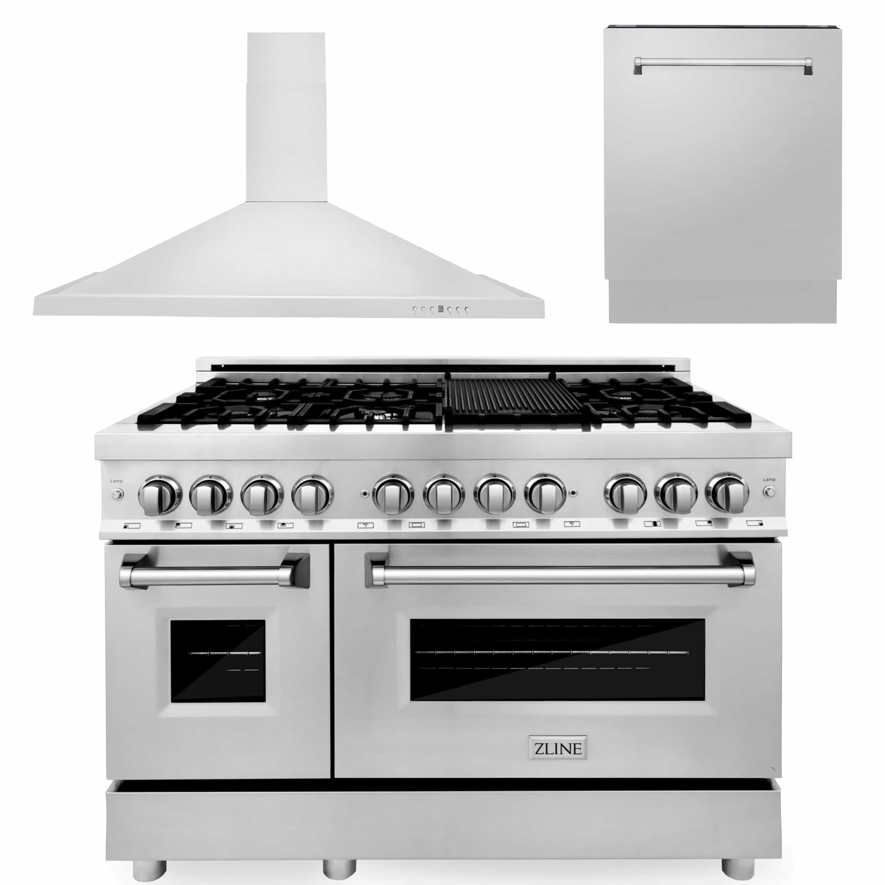 Stainless dual fuel range with overhead hood and open cooktop burner grates