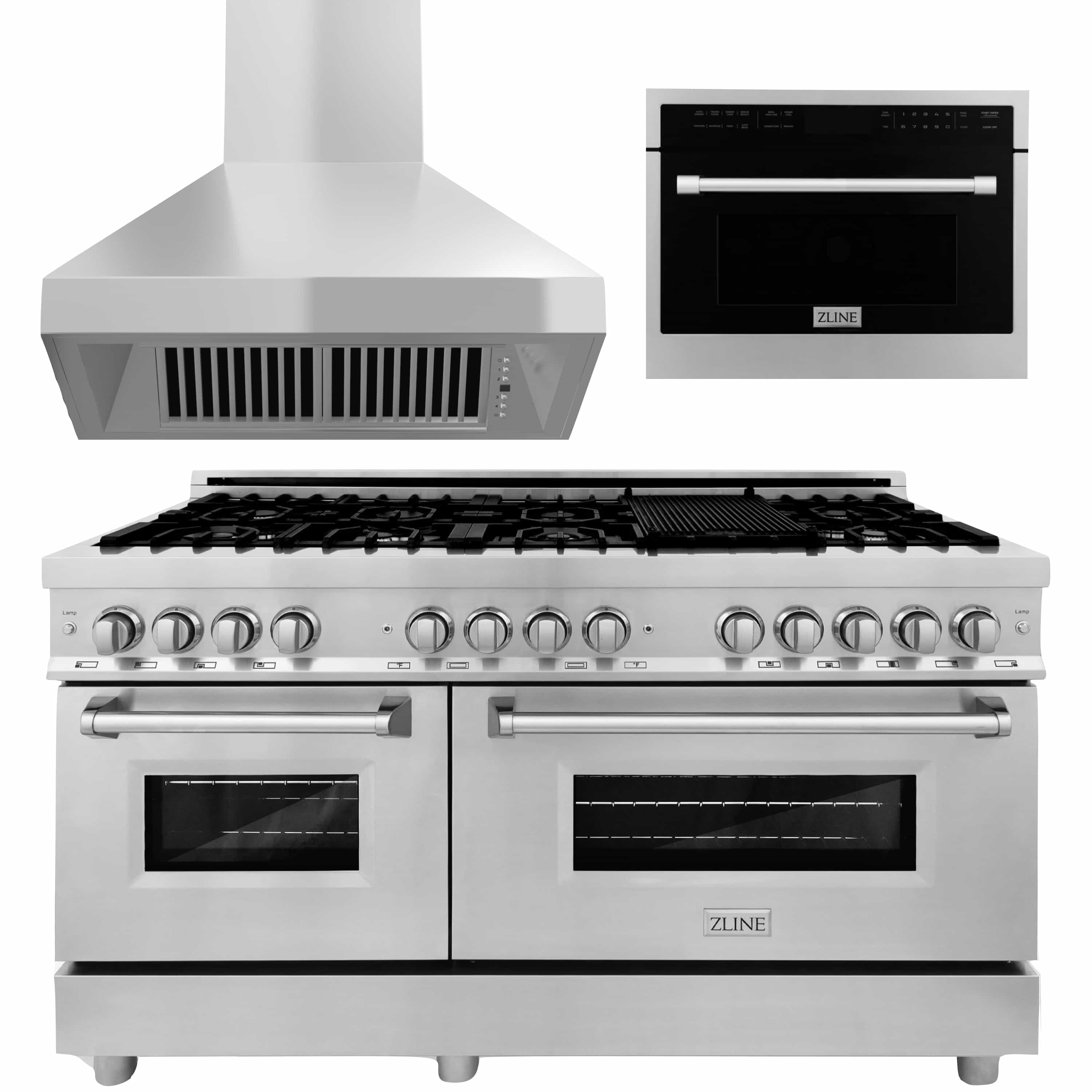 Stainless dual fuel range with front burners, two ovens, and hood vent illustration, ZLINE