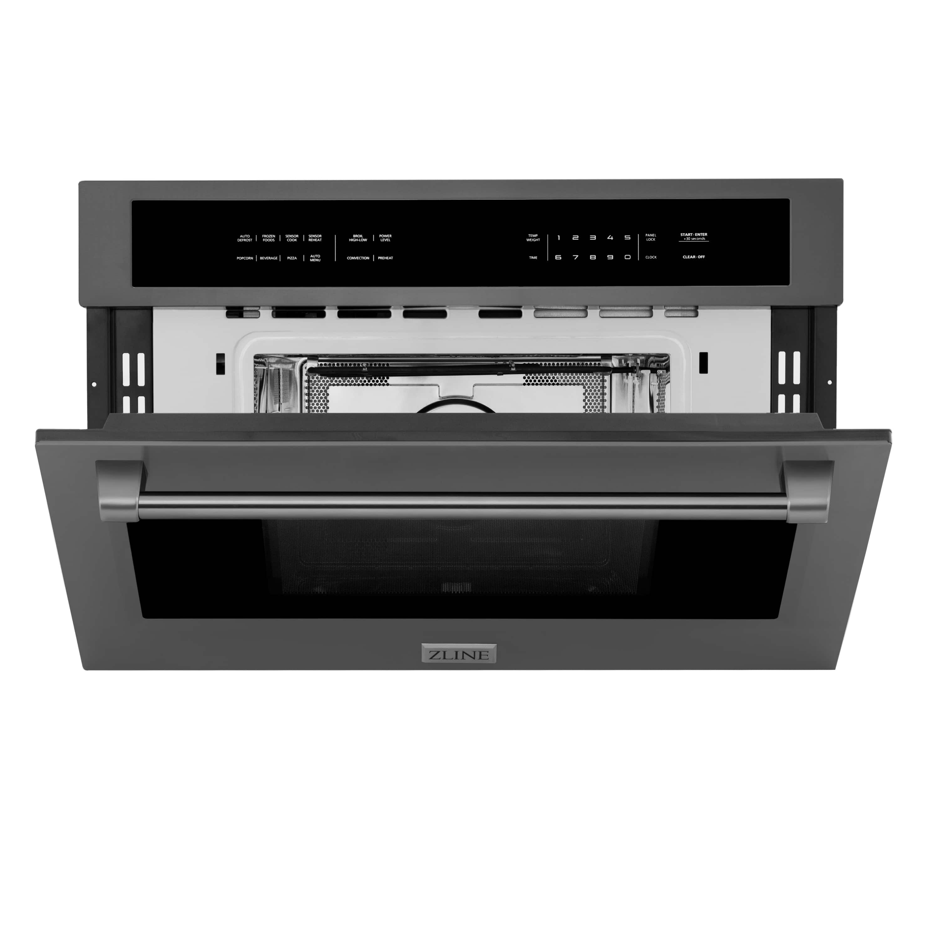 Black stainless steel built-in convection microwave oven with door open and cooking rack inside