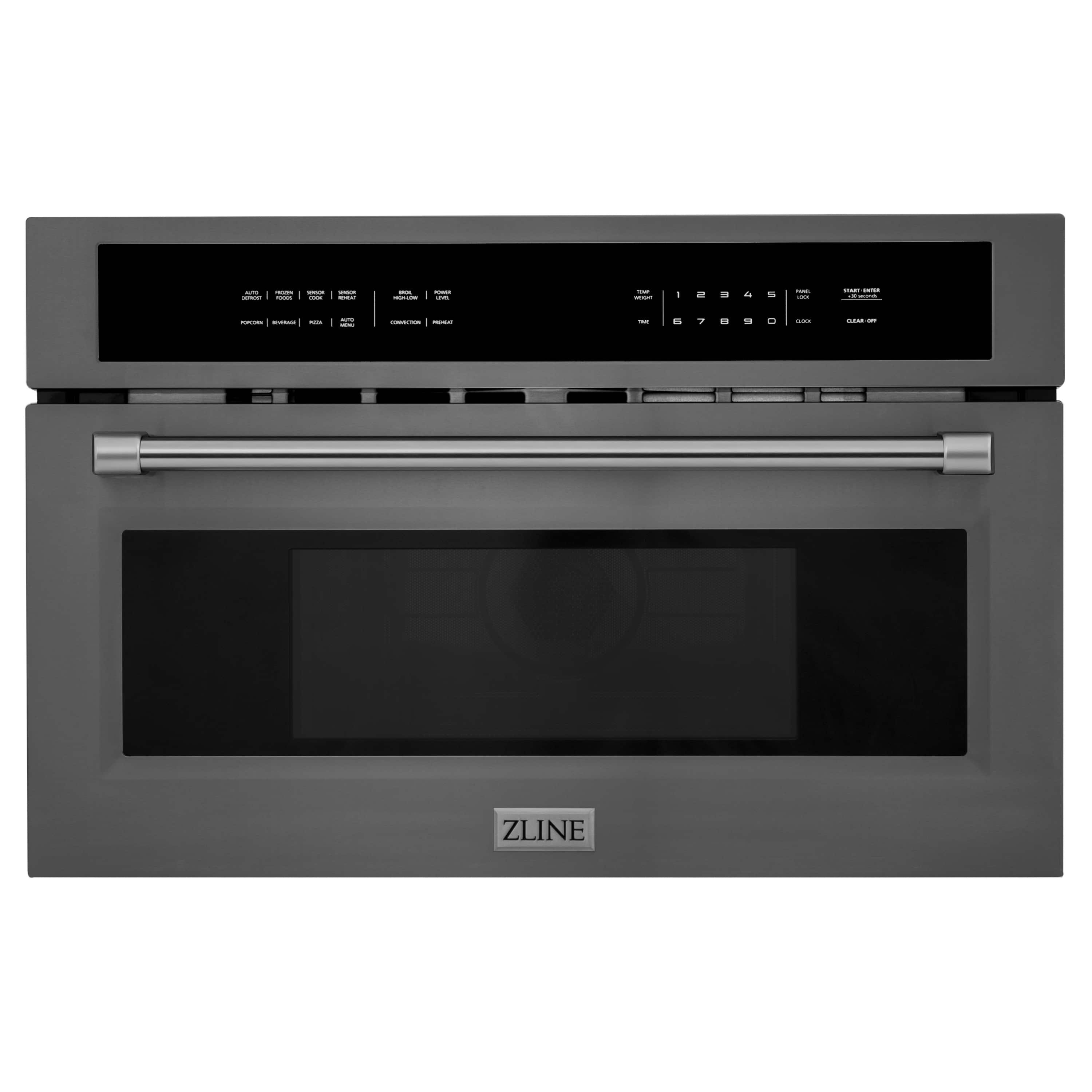 Black stainless steel built-in convection microwave oven with closed door and front control panel