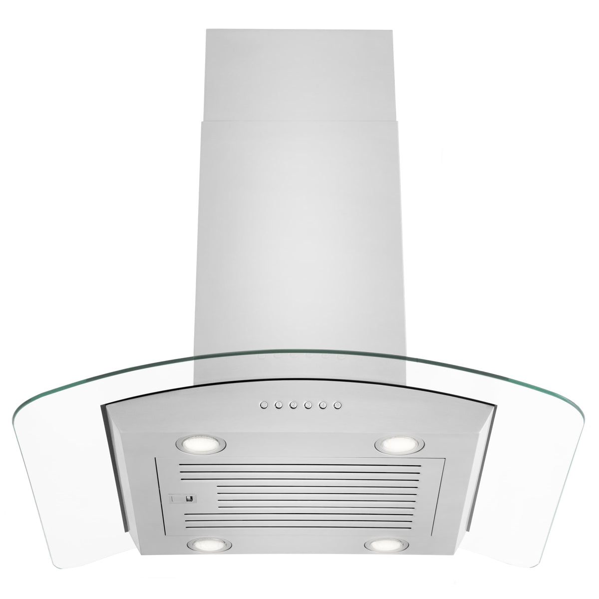 Stainless steel convertible island range hood with underside lights and clear glass