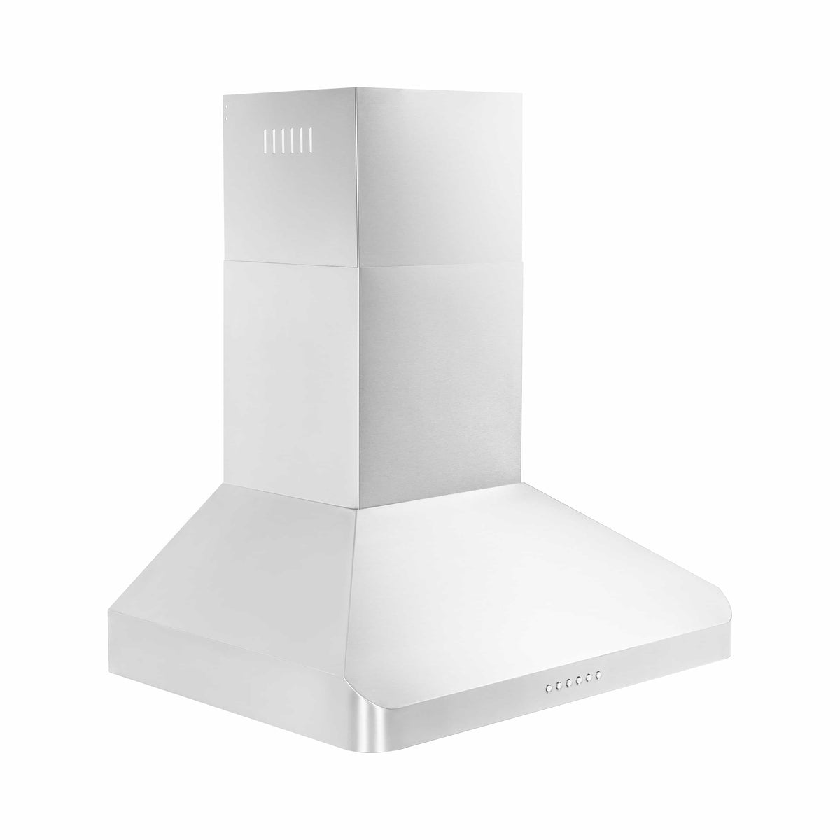 Stainless steel ducted wall-mount range hood with angled chimney and smooth canopy
