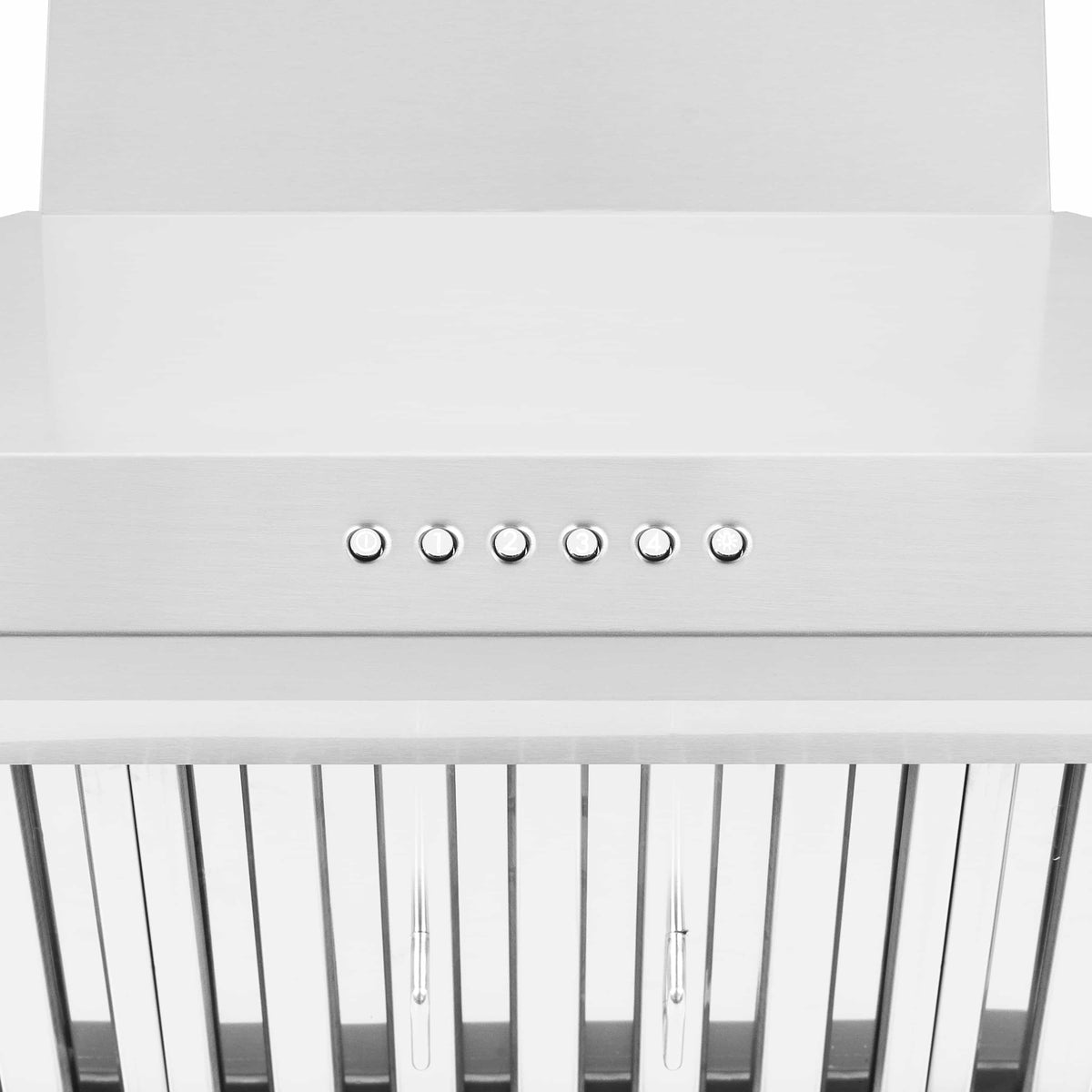 Stainless steel range hood underside with row of circular control buttons