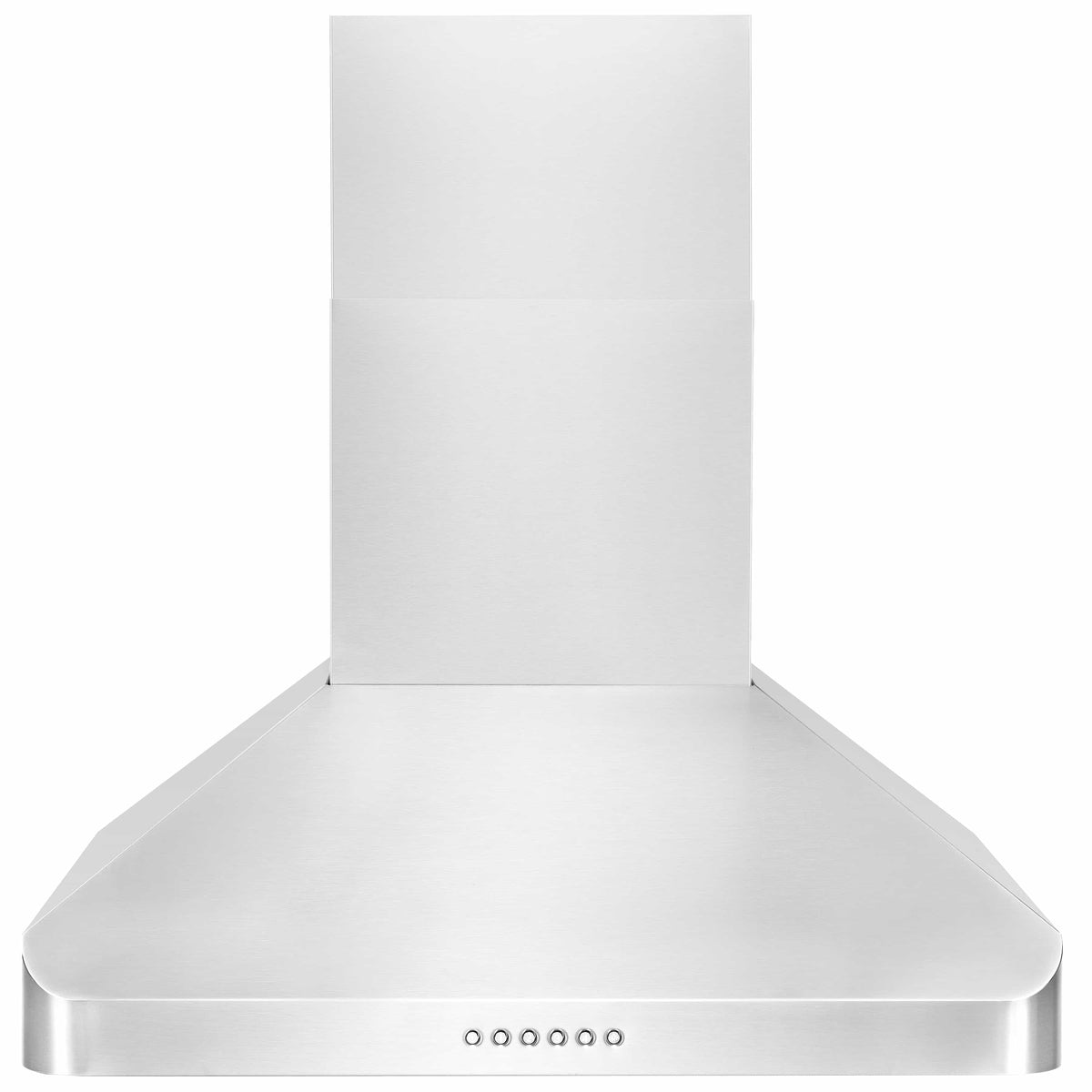 Stainless steel ducted wall-mount range hood underside with control buttons