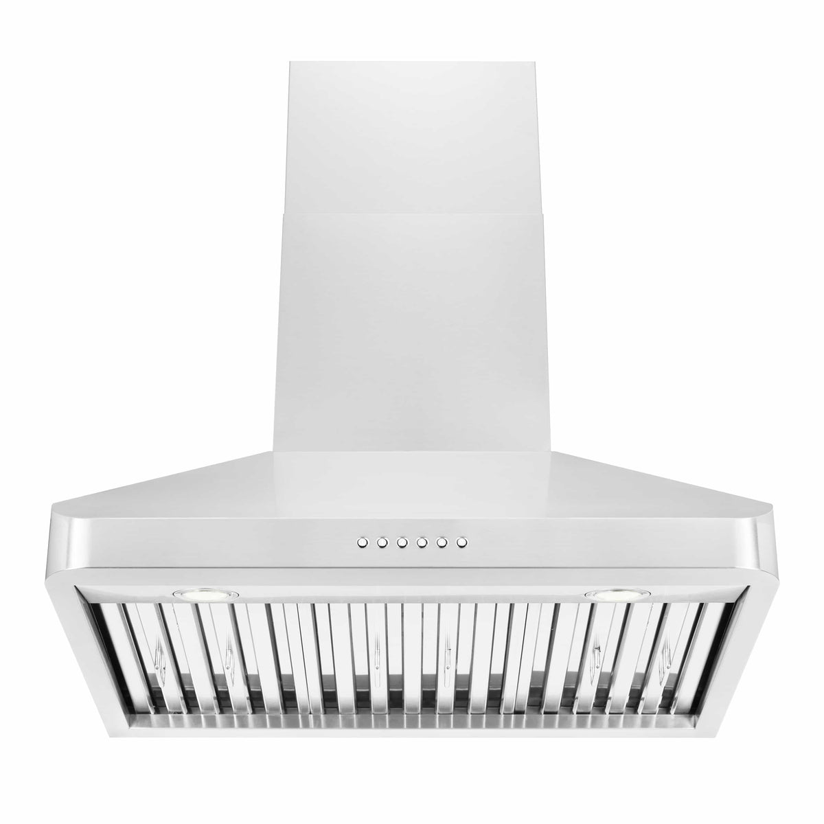 Stainless steel ducted range hood with front vent grille and chimney stack
