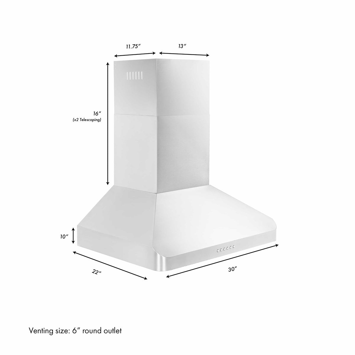 Range hood dimensions diagram with vent size and mounting measurements