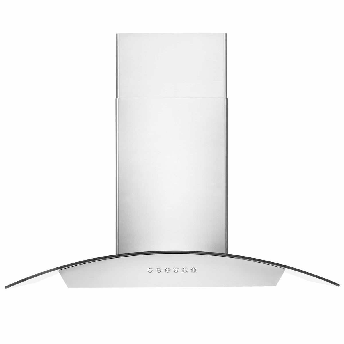 Stainless steel wall-mount range hood with curved canopy and tall chimney