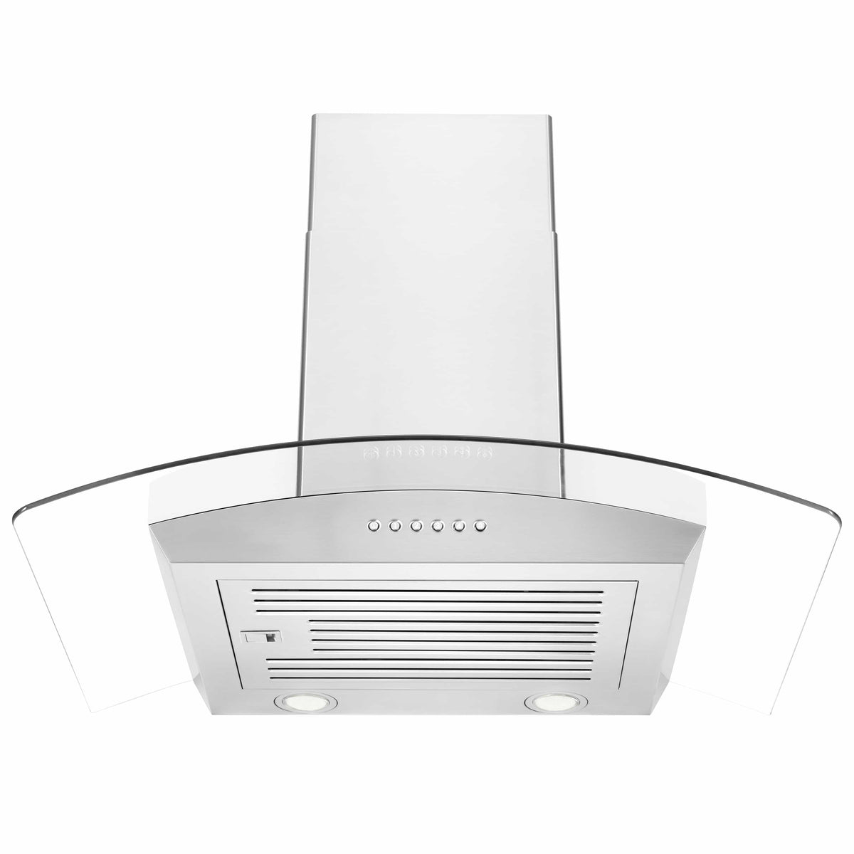 Stainless steel wall range hood with front grille and built-in fan light fixtures
