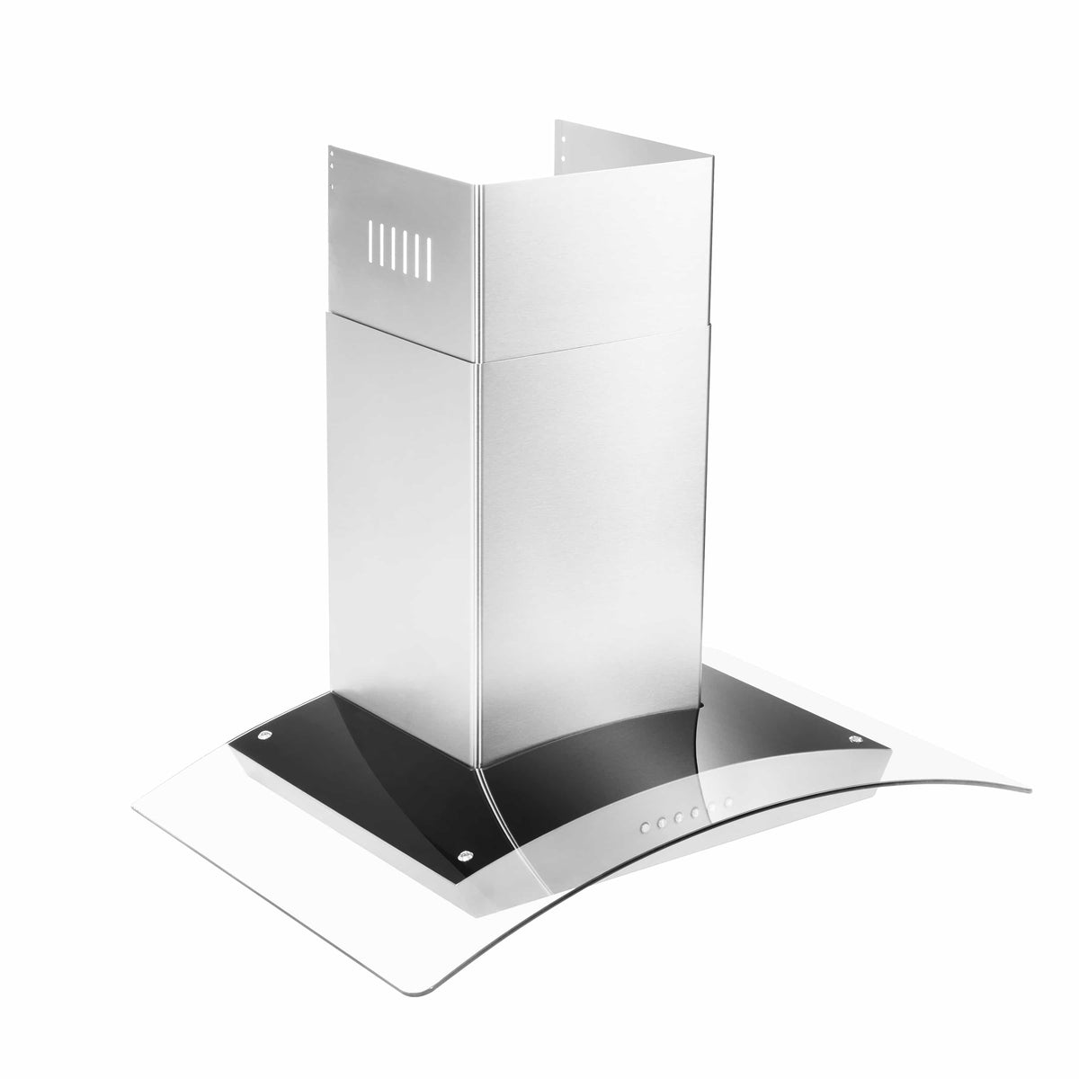 Stainless steel wall-mount range hood with black bottom baffle and tall chimney